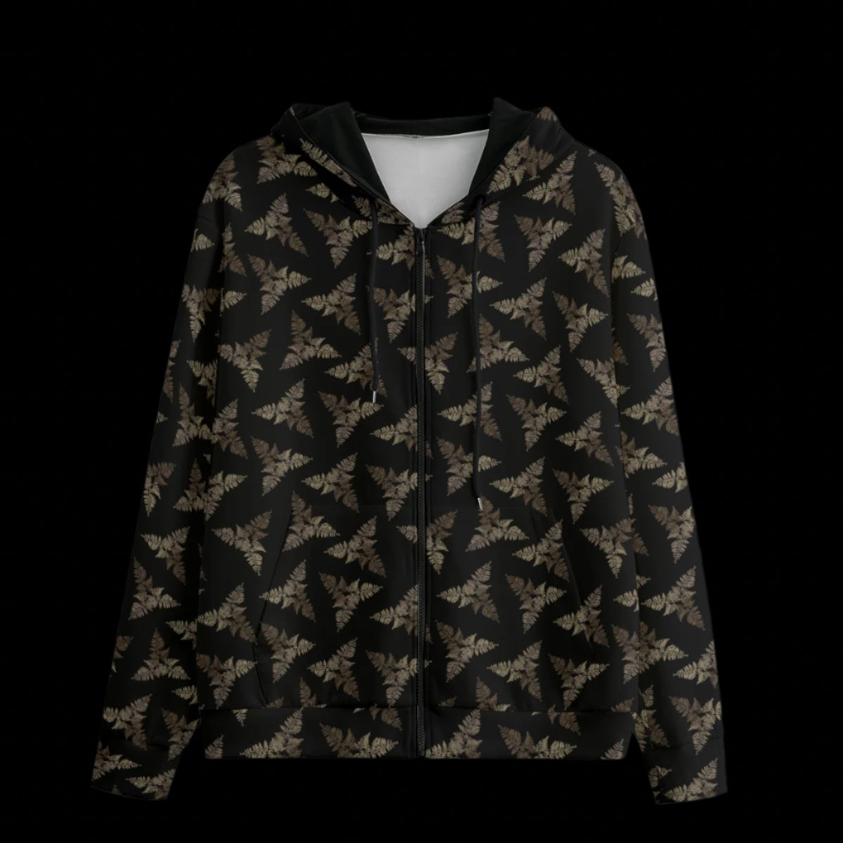 Front of a hoodie with a dark subtle leaf pattern and a black background