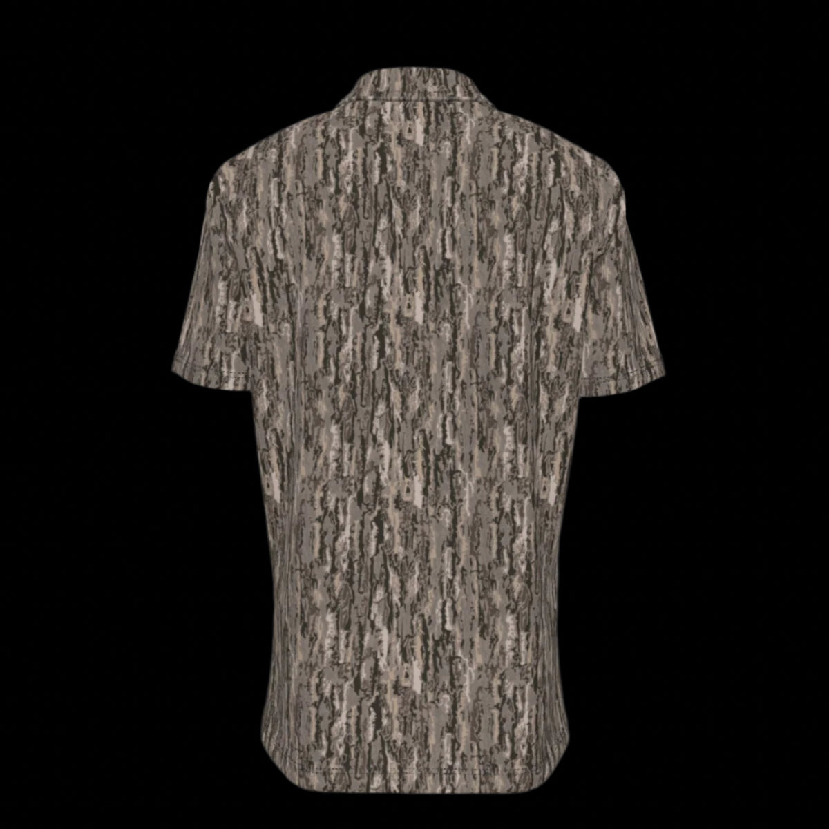 Back of short-sleeve button down shirt with a pattern on a black background