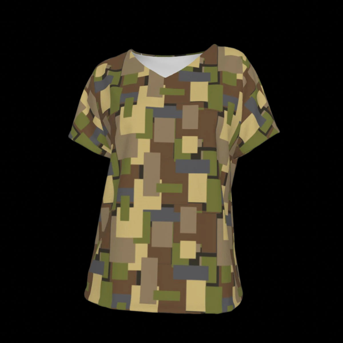 Front of camouflage-patterned V-Neck T-shirt on a black background