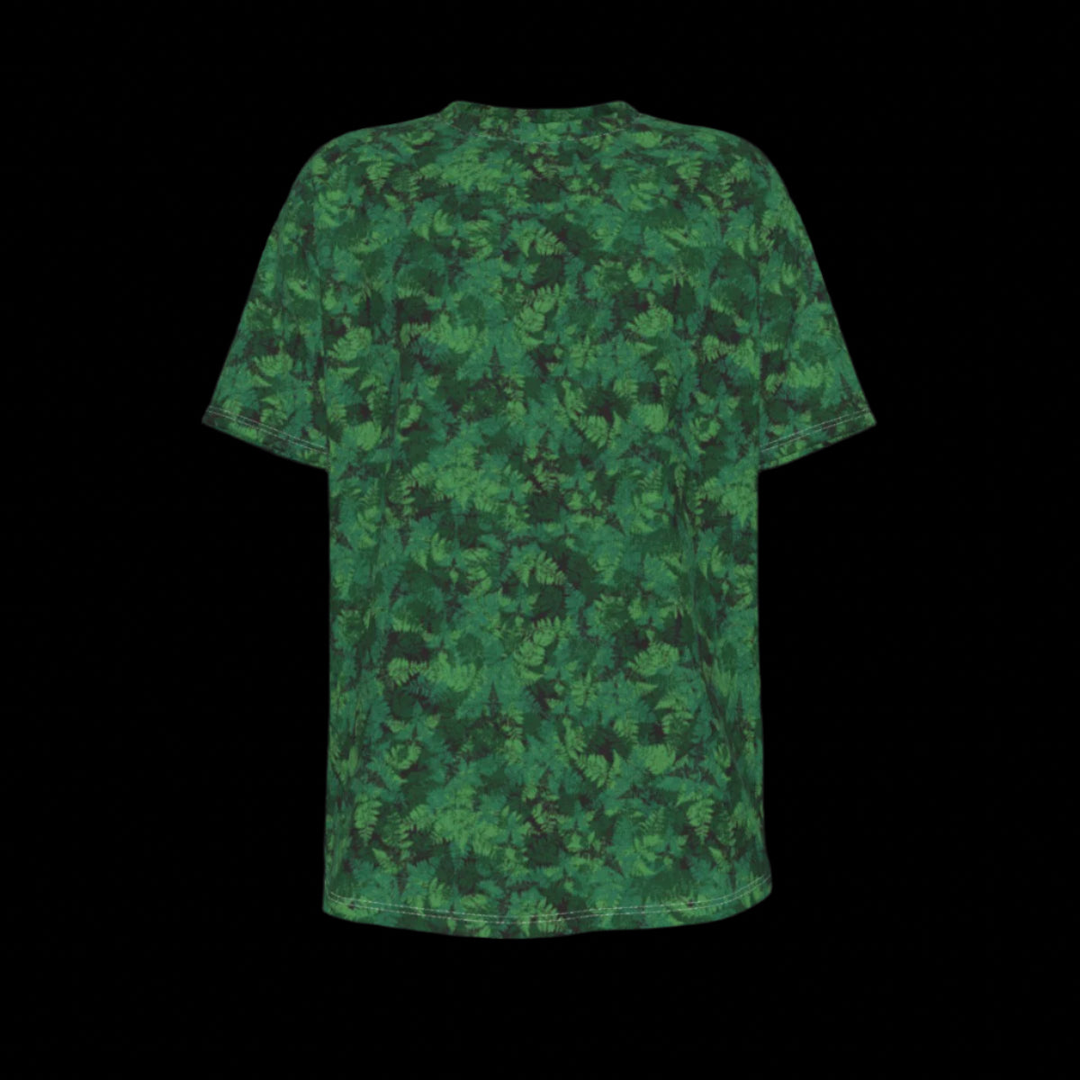 Front of green patterned t-shirt on a black background