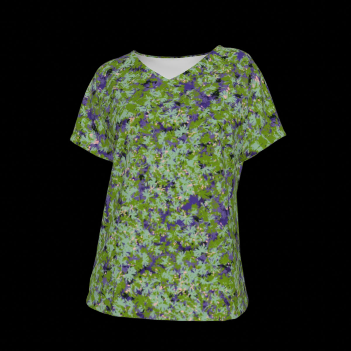 Front of green floral patterned V-Neck T-shirt on a black background