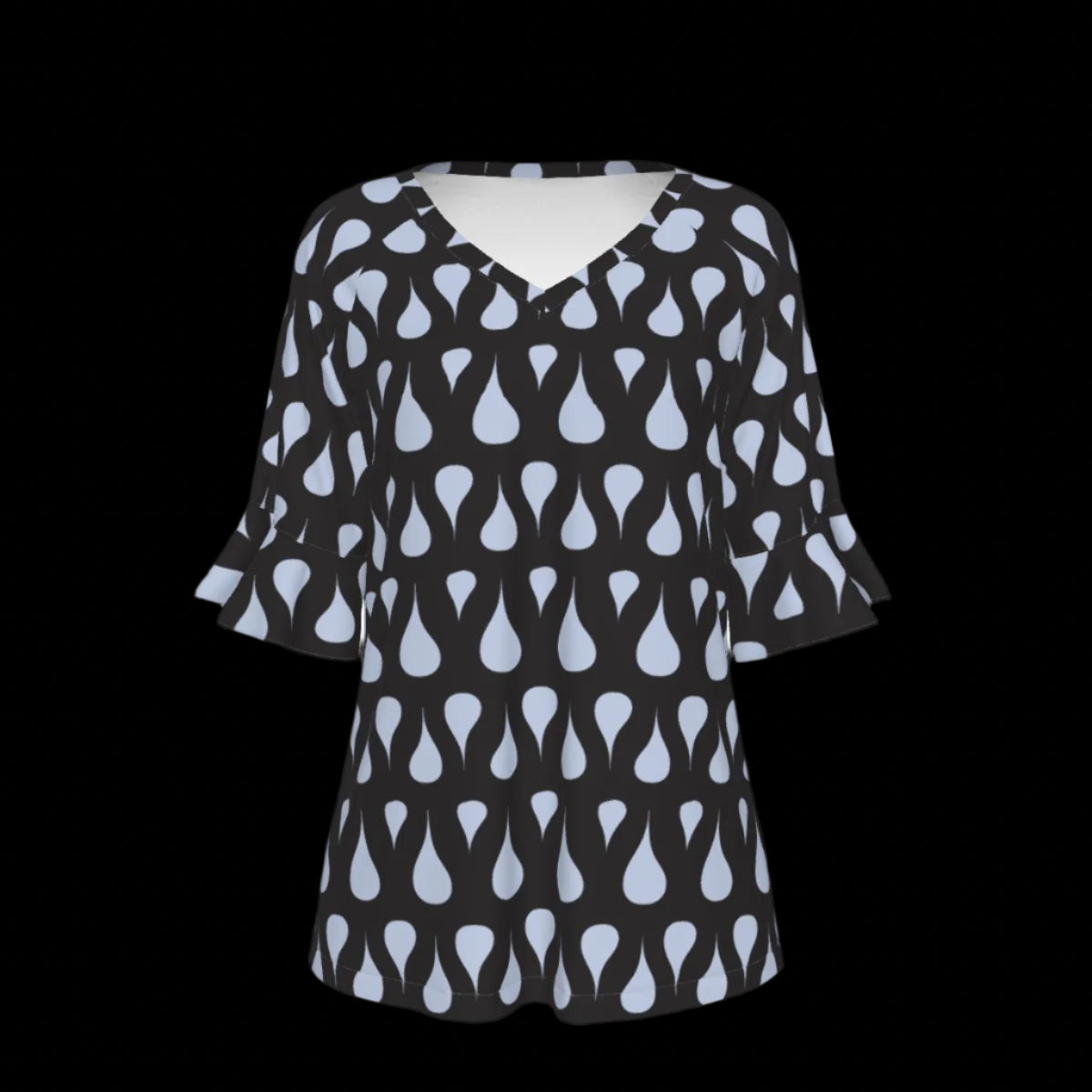 Front of black blouse with light blue pattern on a black background
