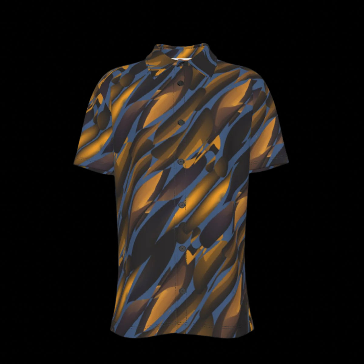 Front of short-sleeve shirt with a black and orange abstract pattern on a black background