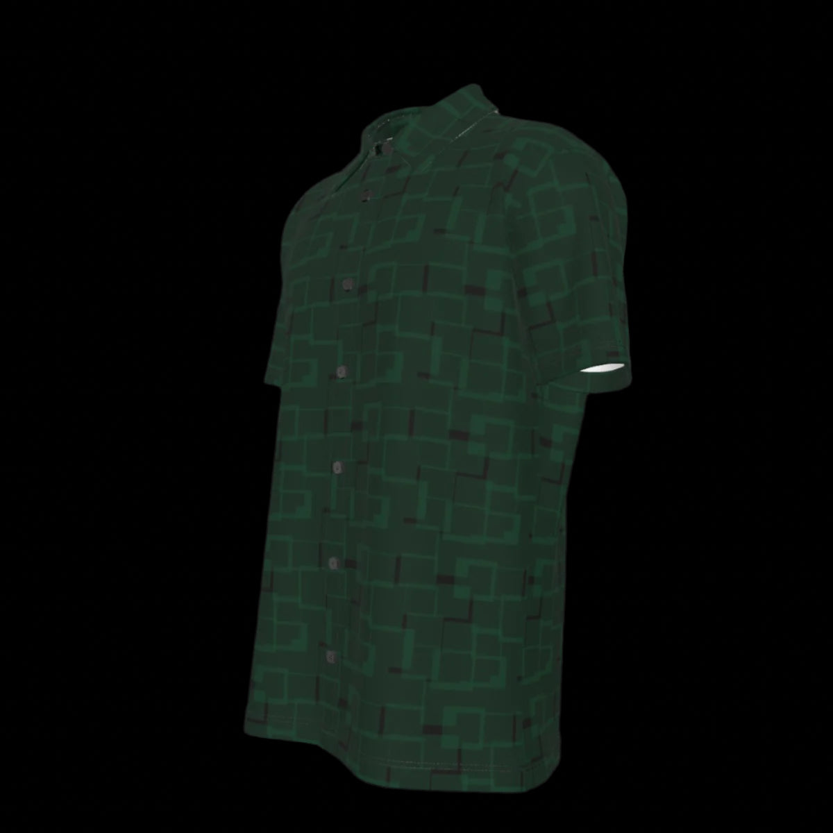 Left side of a green pattern button down short-sleeved shirt on a black background