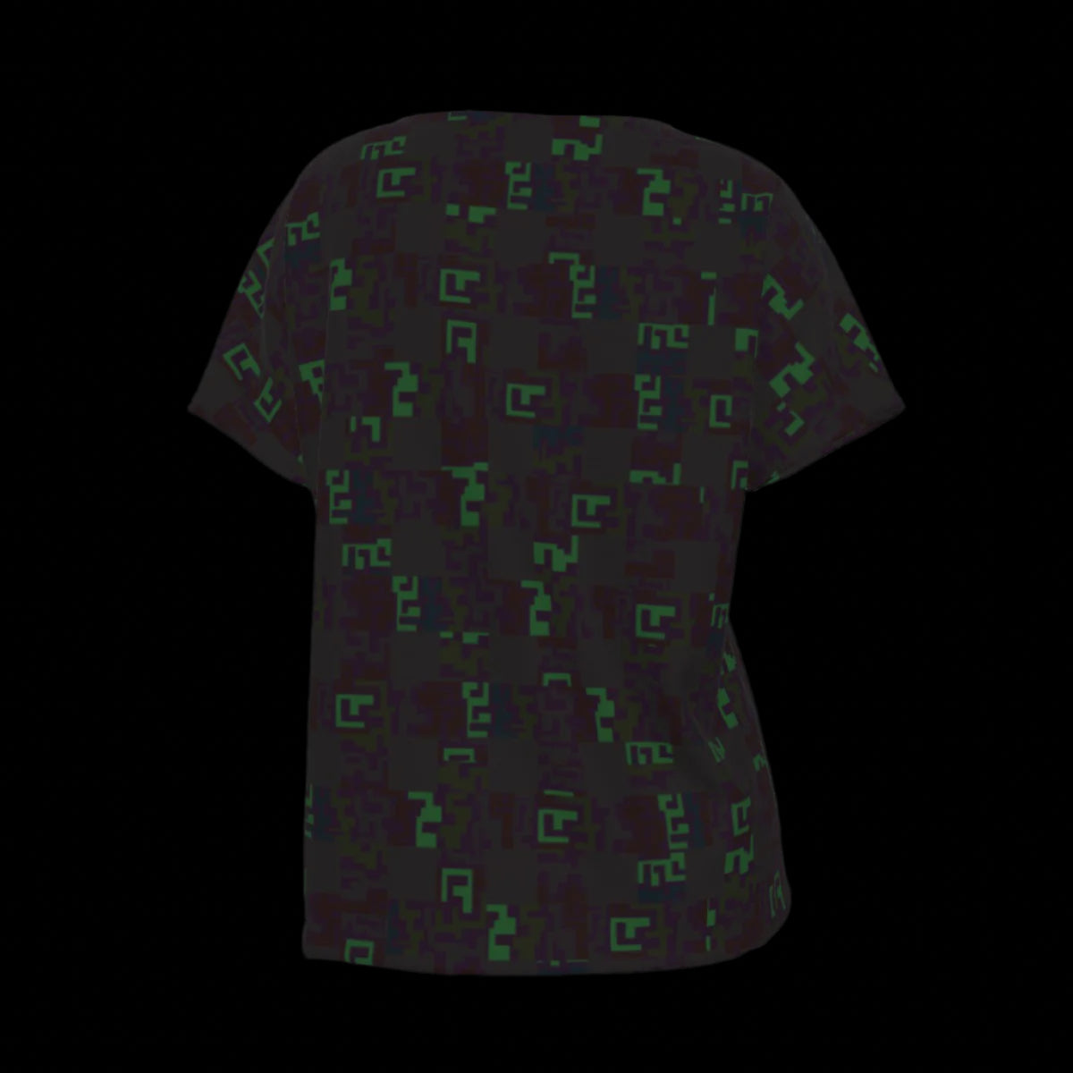 Back of black V-Neck t-shirt with green geometric pattern on a black background