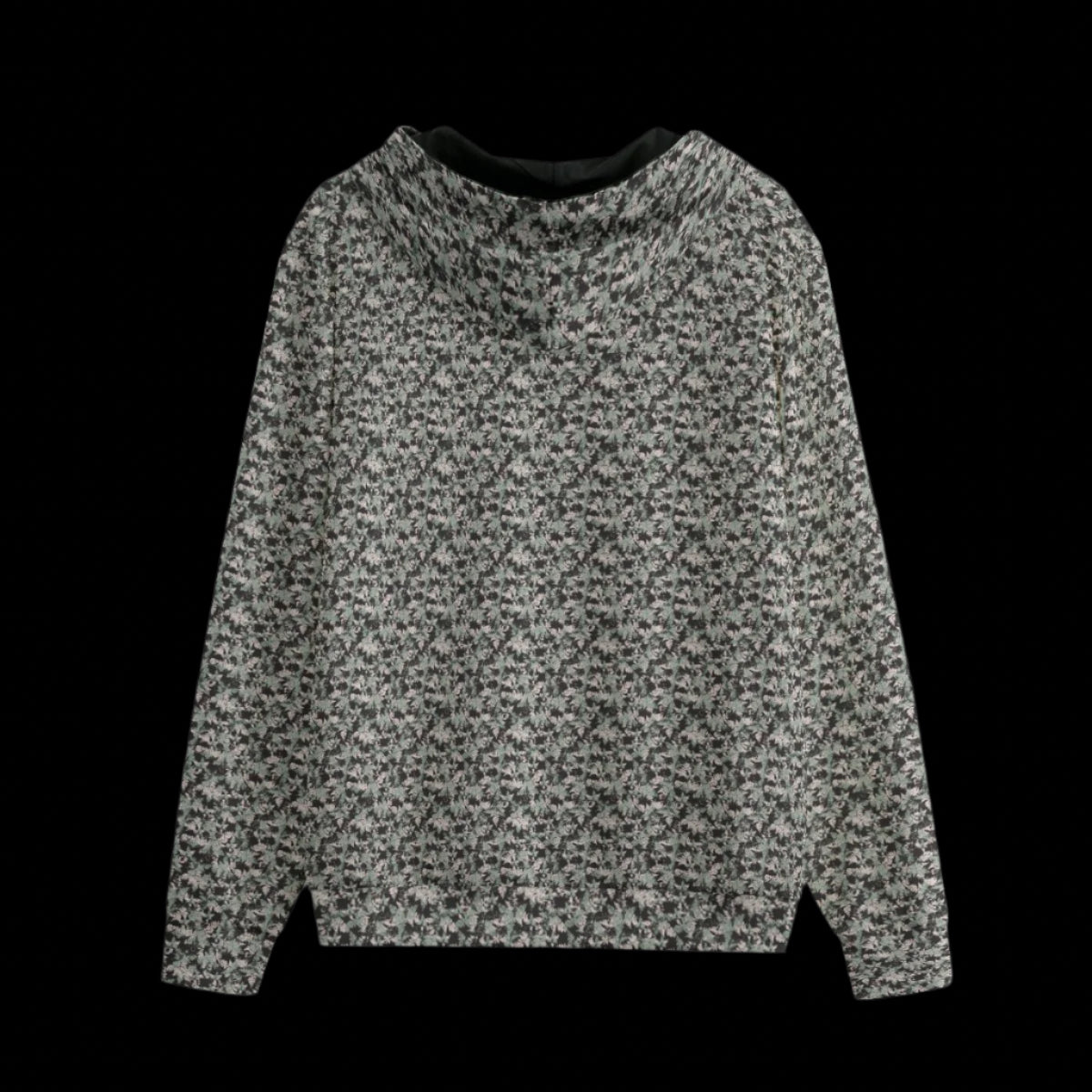 Back of Hoodie with black and white pattern on a black background