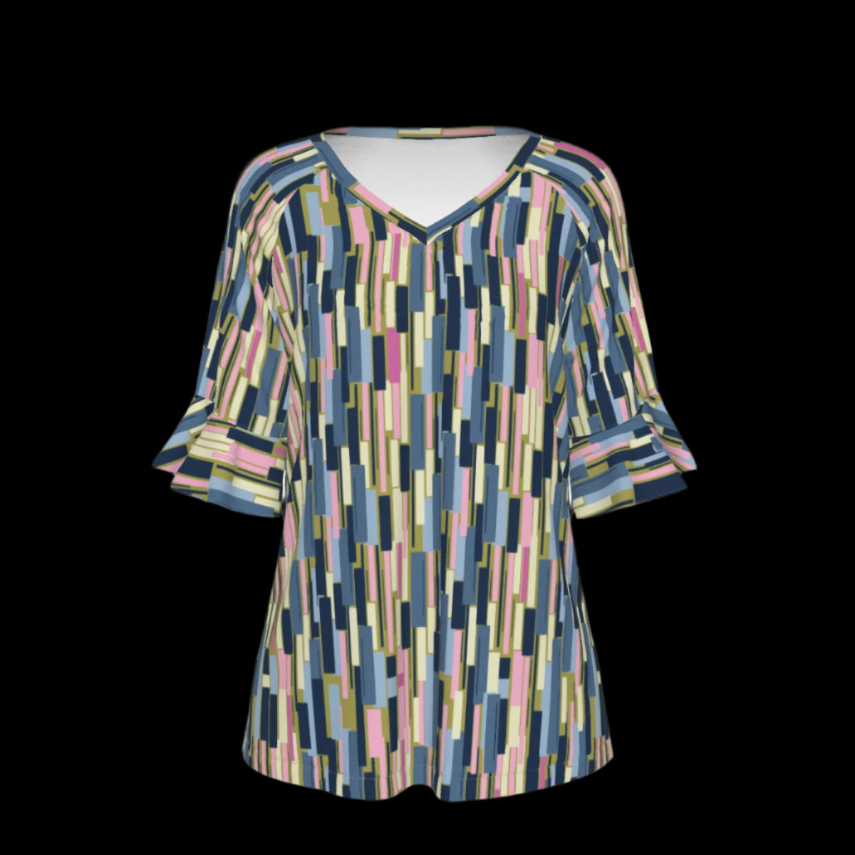 Front of multicolored patterned blouse on a black background