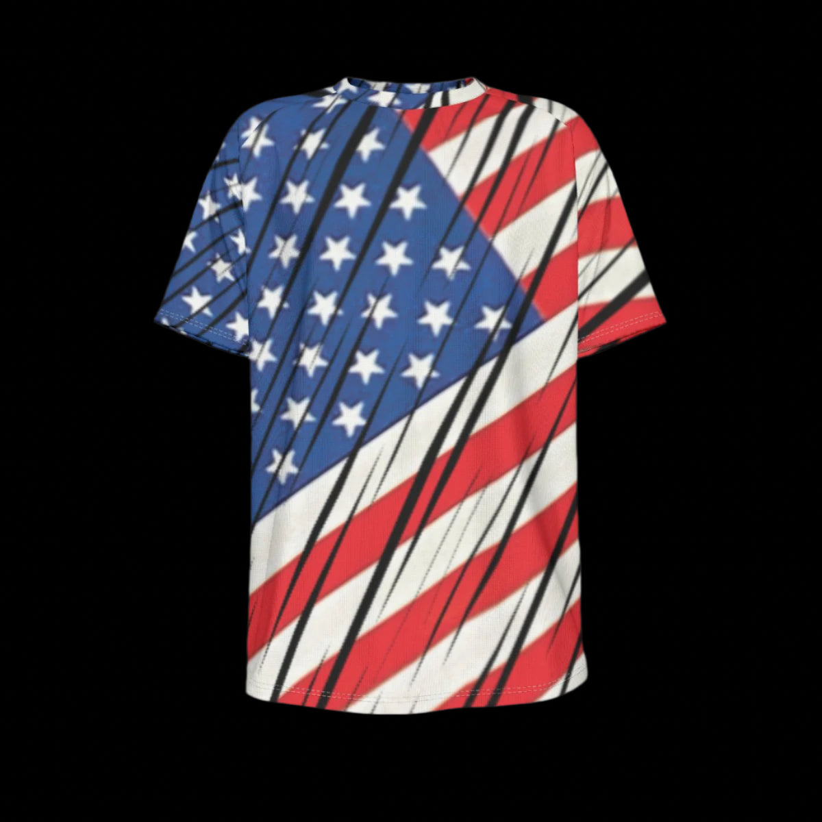 Front of the American flag-themed t-shirts on a black background