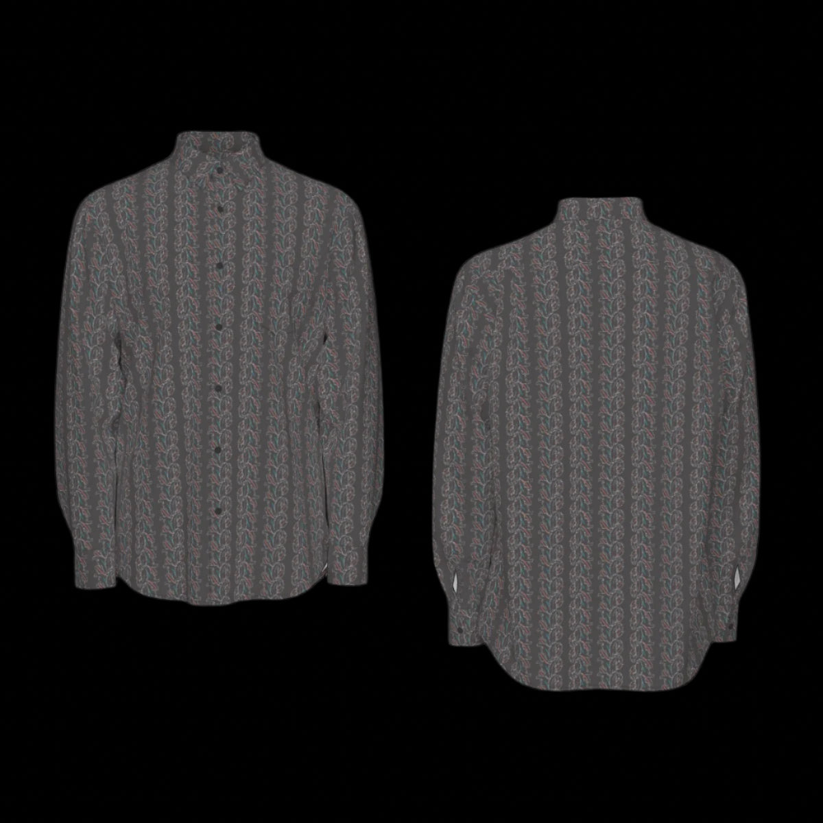 Front and back of a gray patterned short sleeve shirt on a black background