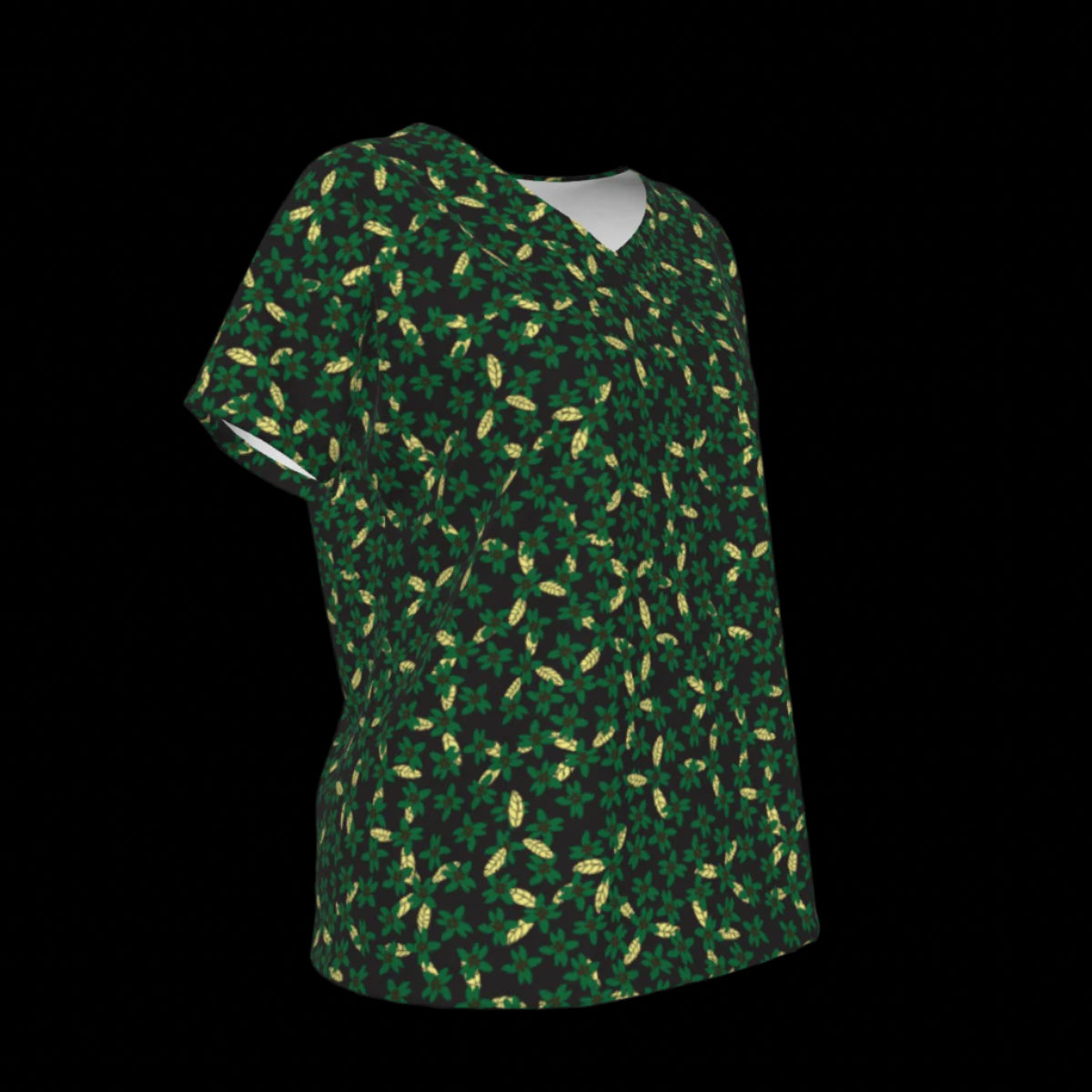Right of green V-Neck t-shirt with small pattern on a black background