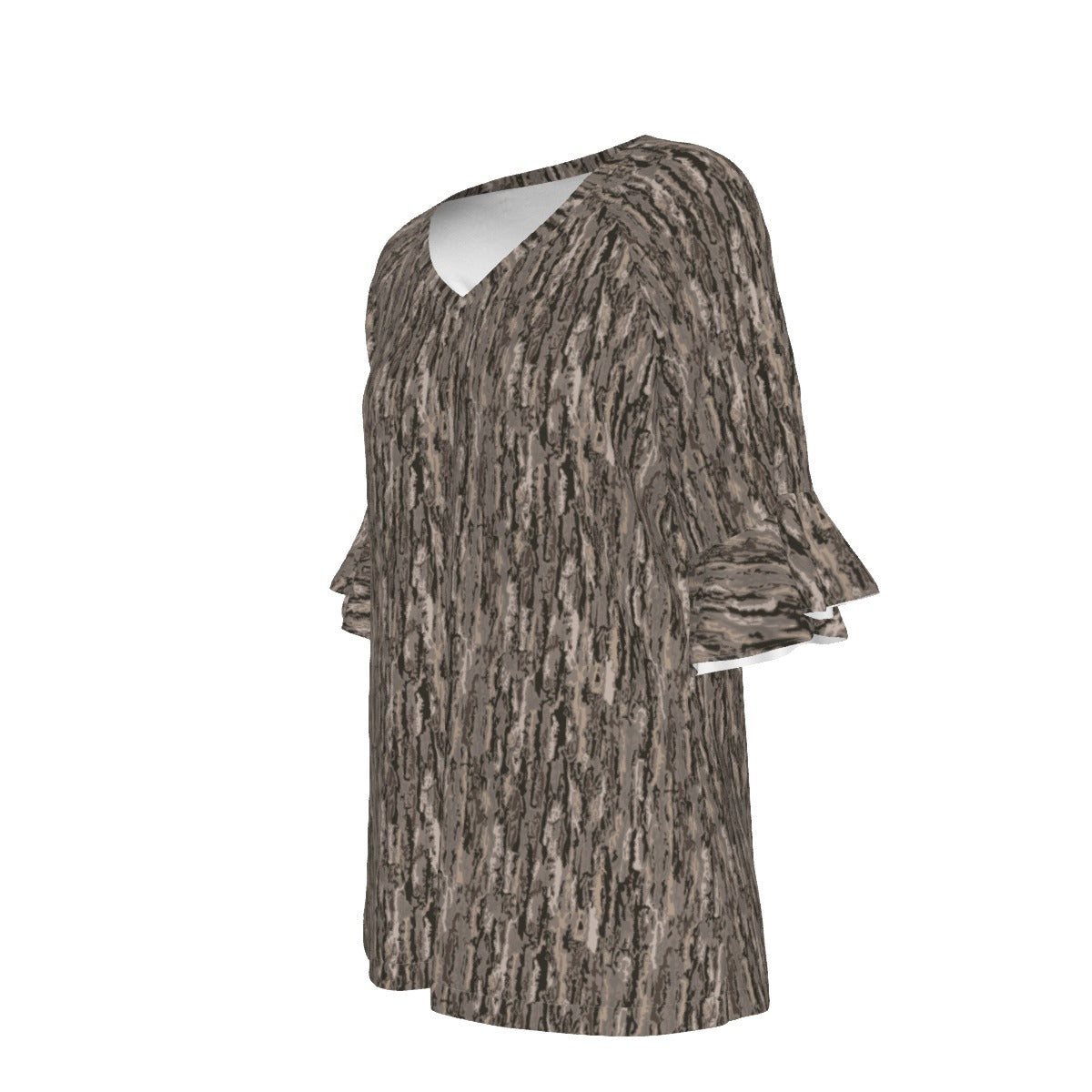 Women’s V-neck T-Shirt with Bell Sleeve / Camo Tree Bark Design