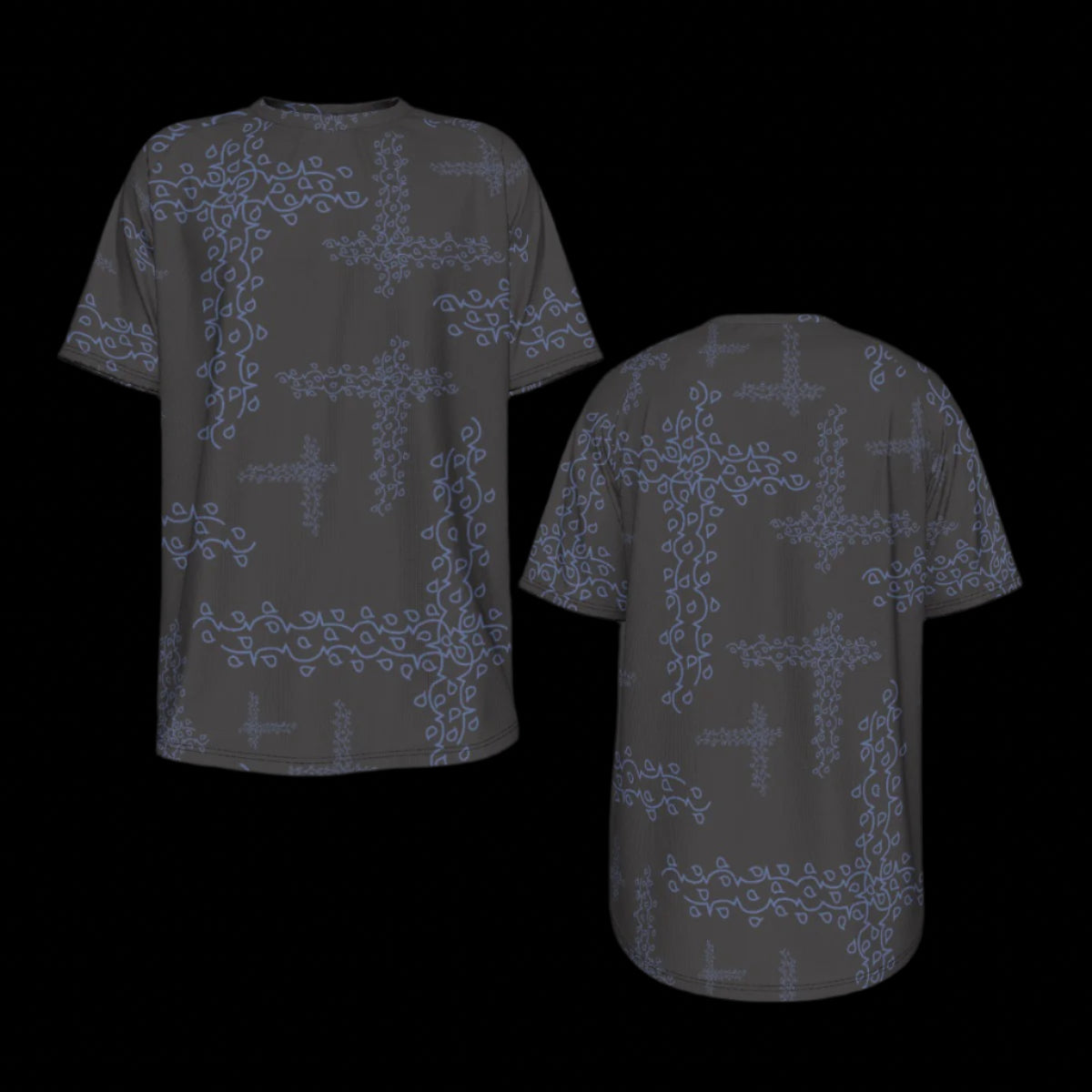 Front and back of black t-shirt with blue floral patterns on a black background