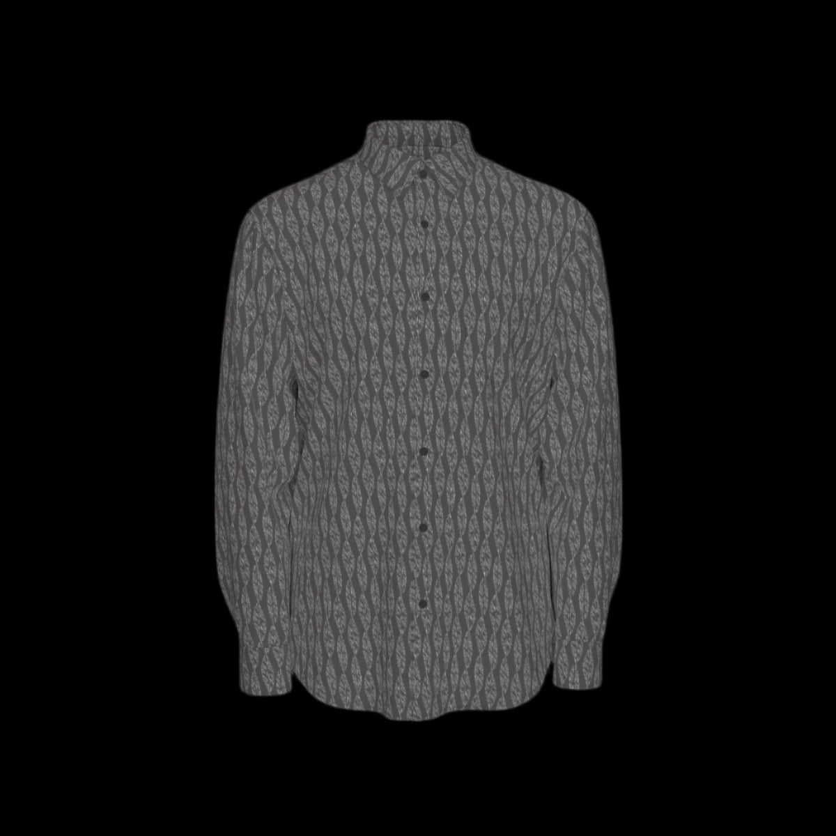 Front of a long sleeve gray patterned shirt on a black background