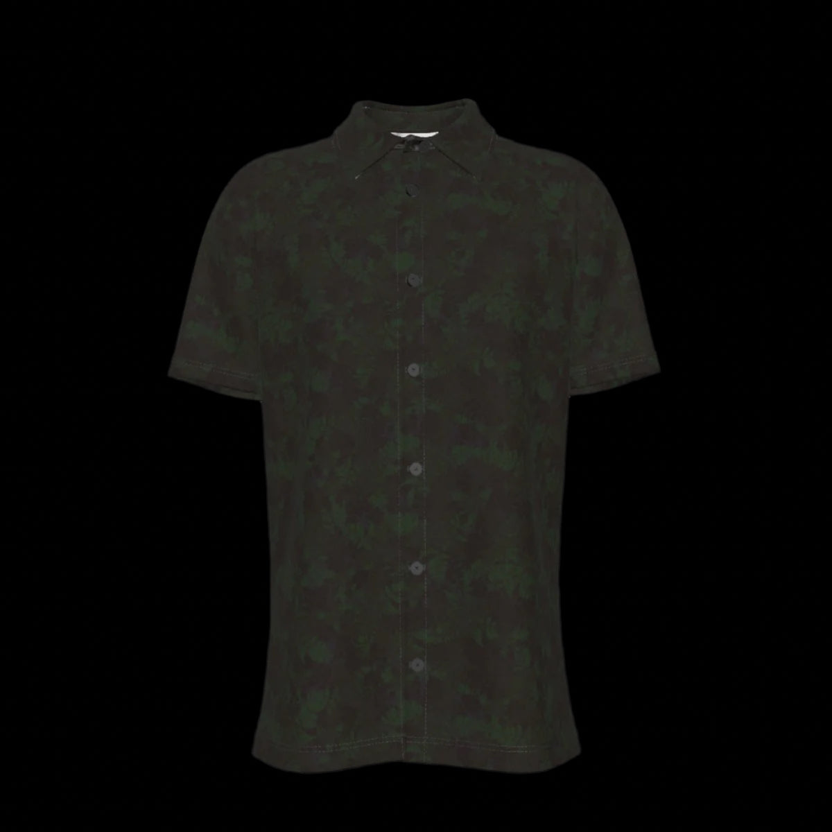 Front of black button-down short-sleeve shirt on a black background