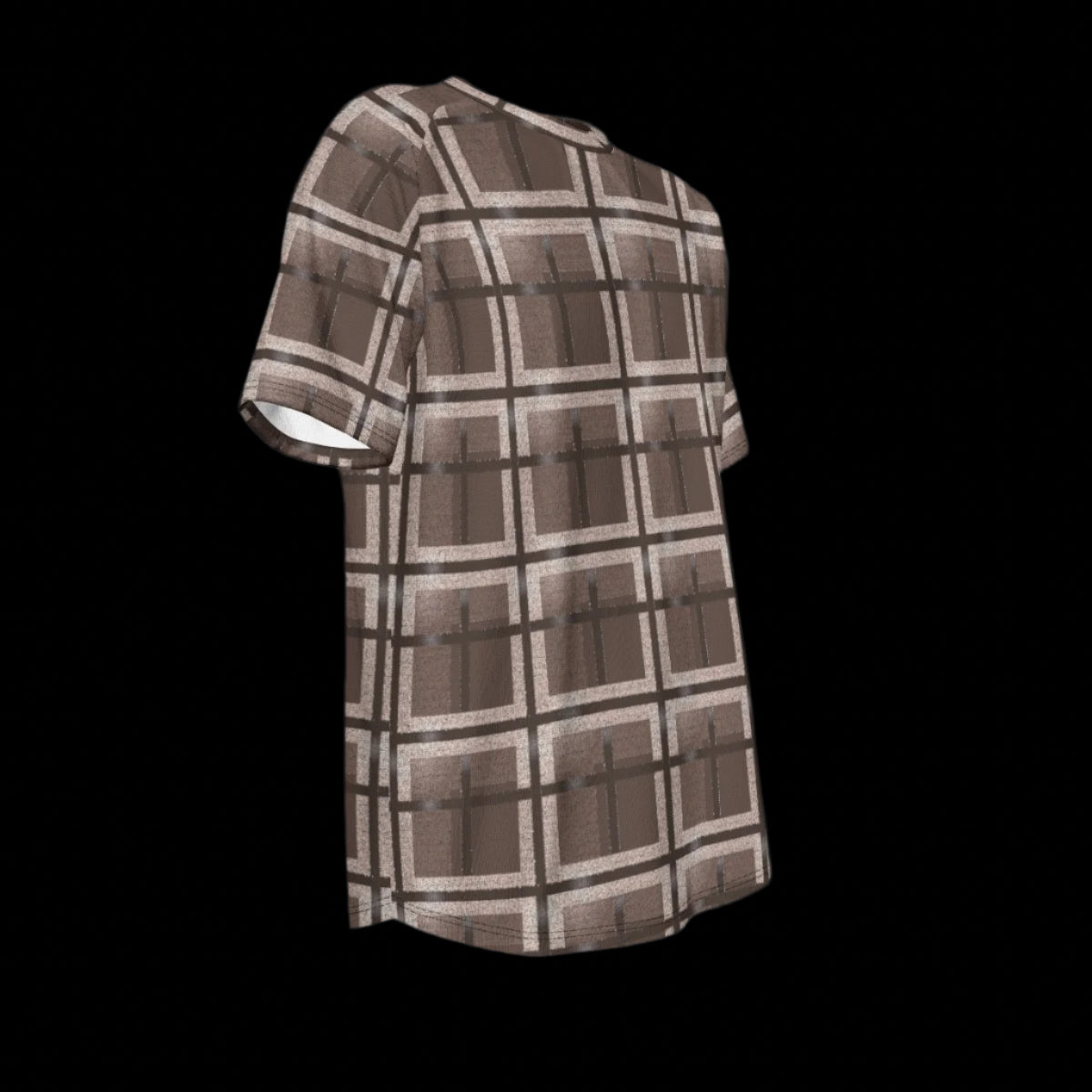 Right side of plaid shirt with brown and beige pattern on a black background