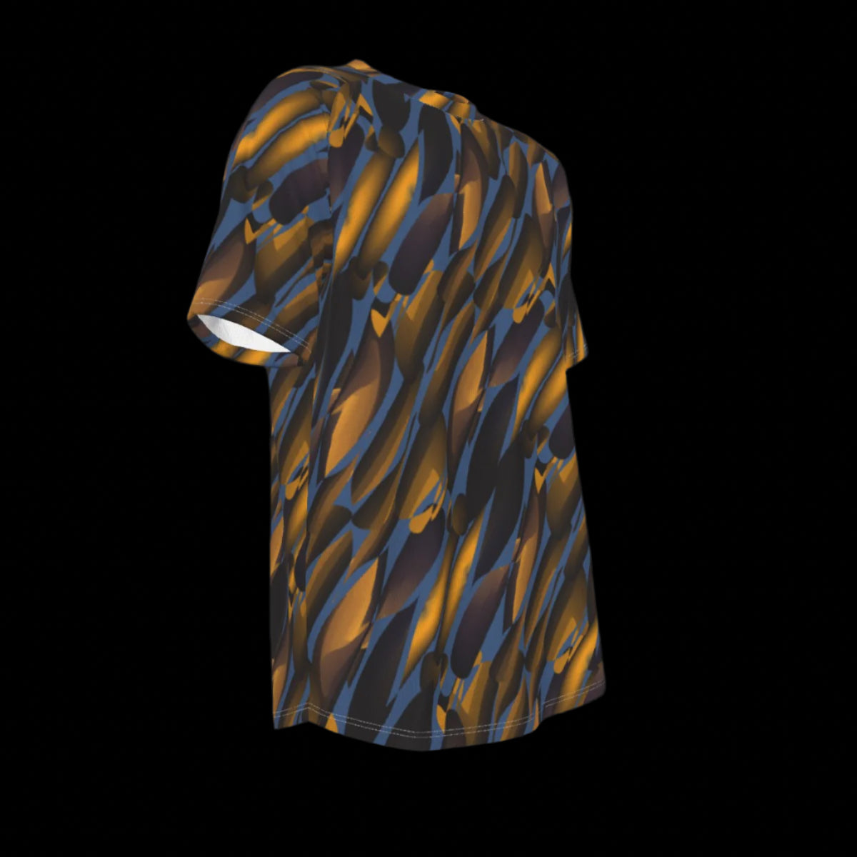 Right side of T-shirt with black and orange abstract pattern on a black background