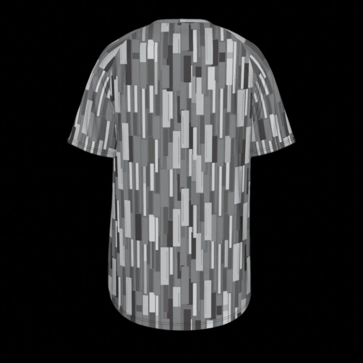 Back of gray and black patterned t-shirt on a black background