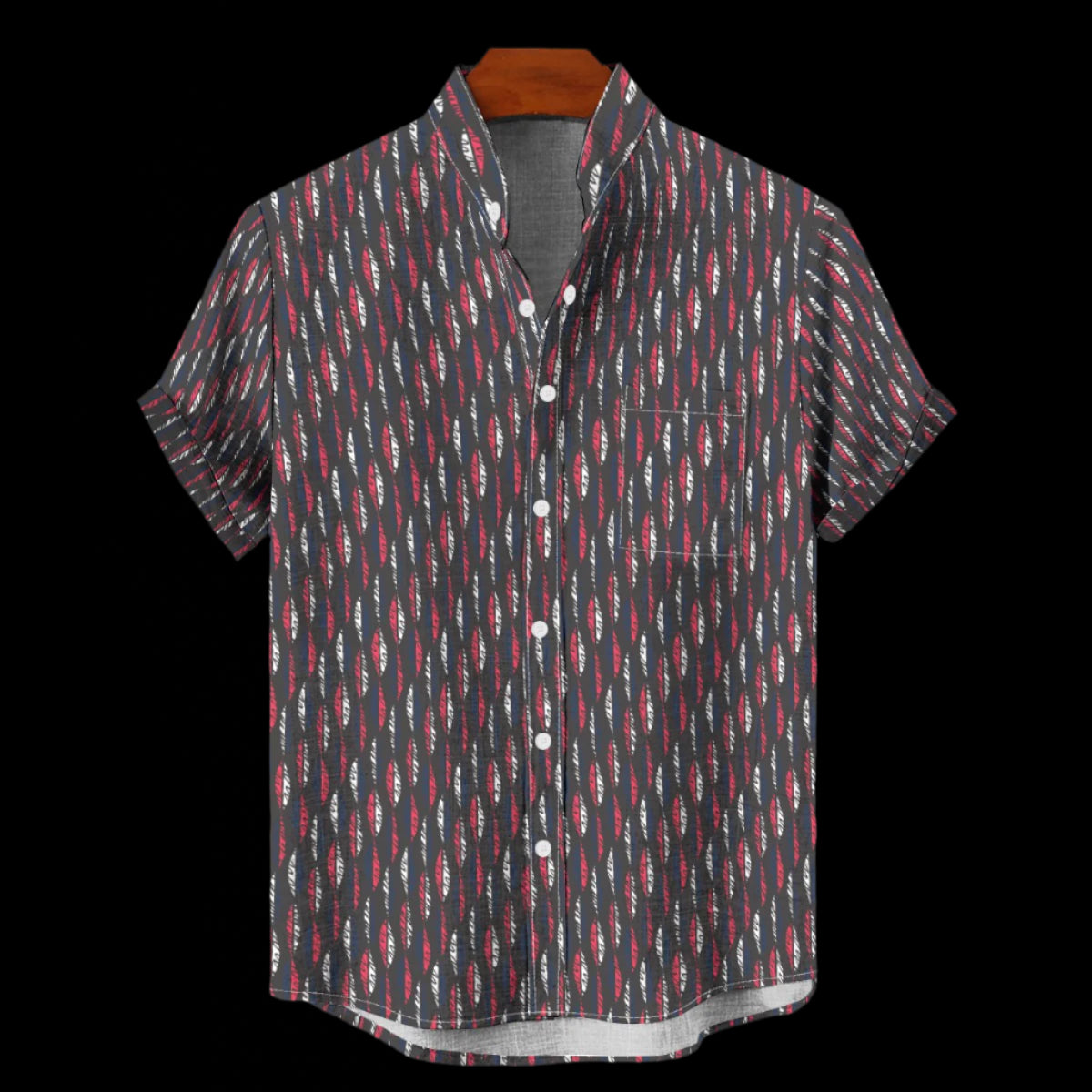Front of a men's button down short sleeve stand collar shirt with an all-over geometric print, on a black background.