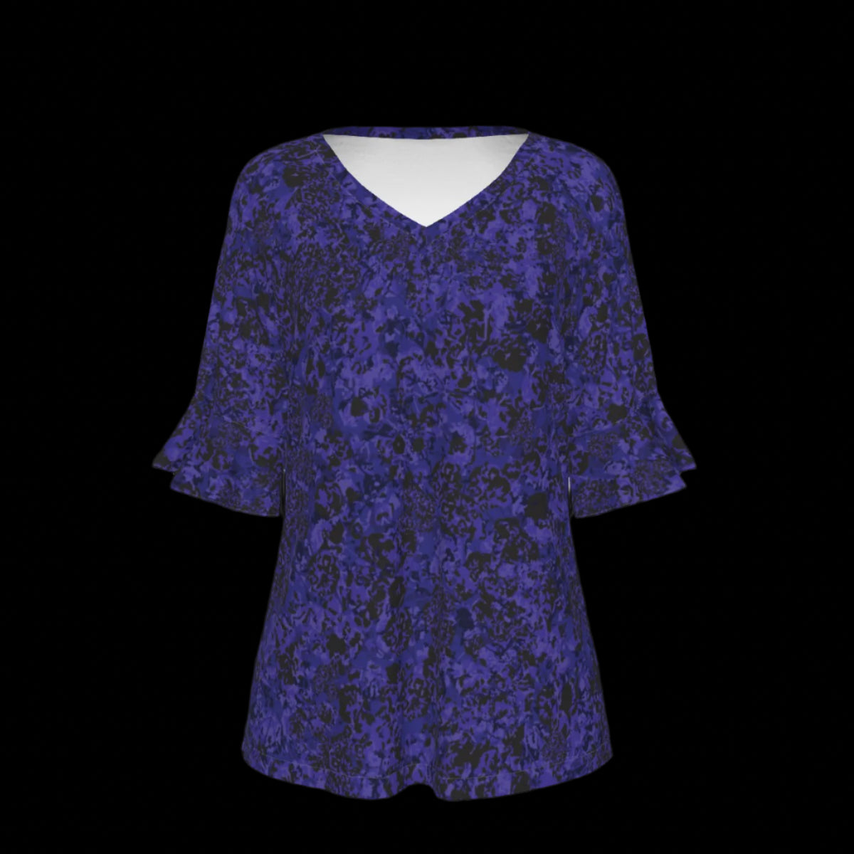 Front of blue patterned blouse on a black background