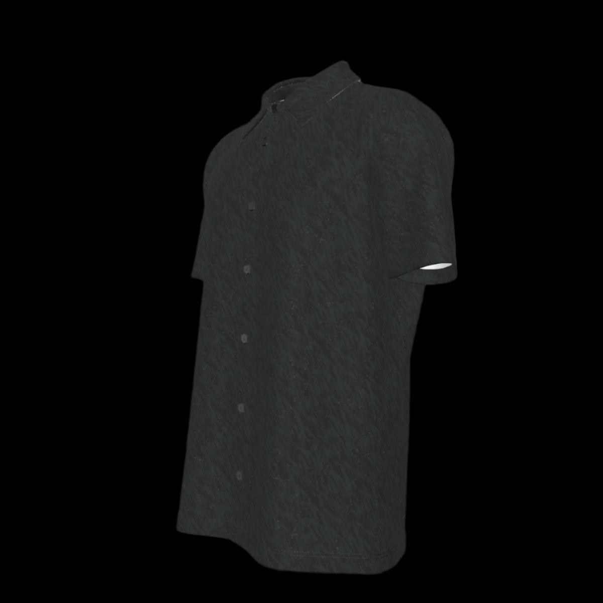 Left side of a black button down short-sleeve shirt on a black background