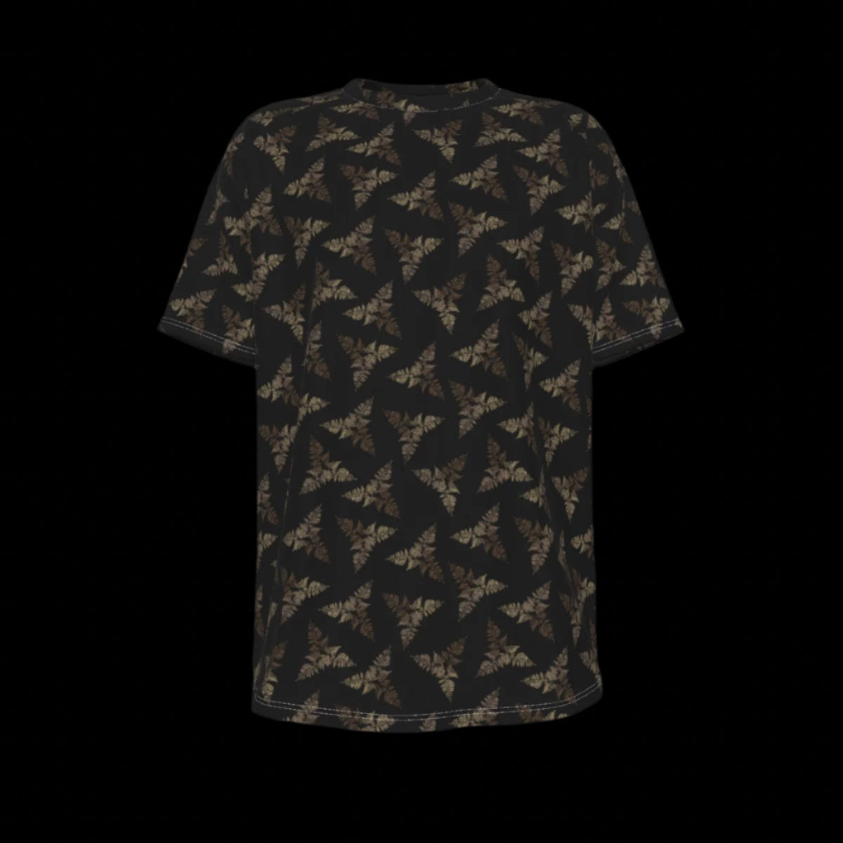 Front of black t-shirt with pattern on a black background