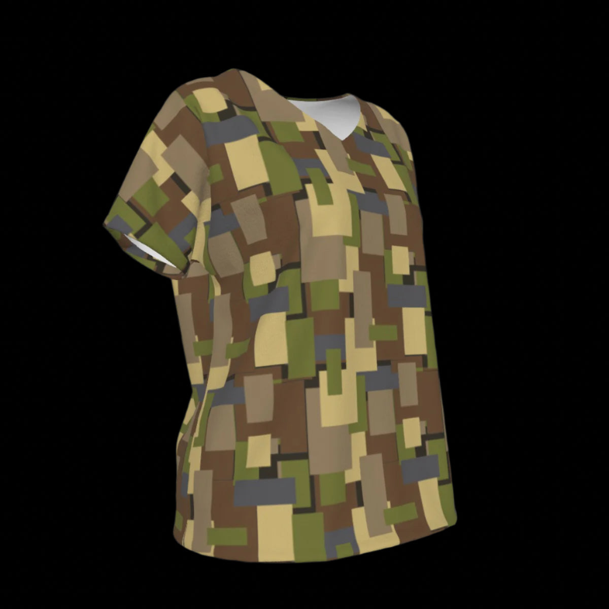 Right side of camouflage-patterned V-Neck T-shirt on a black background