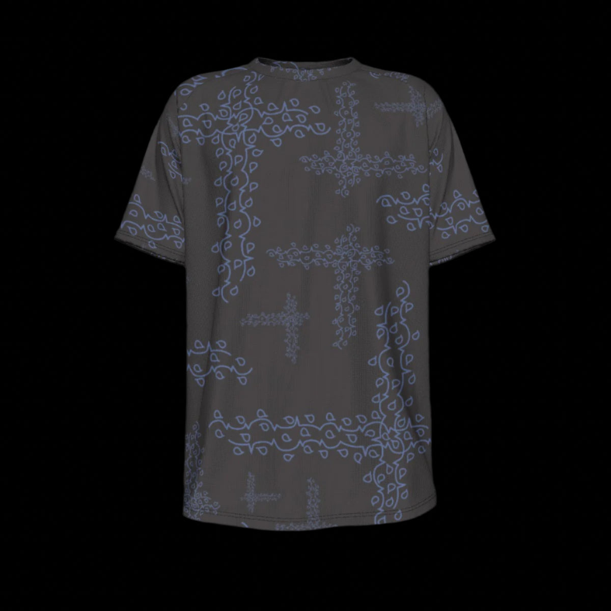 Front of black t-shirt with blue floral patterns on a black background