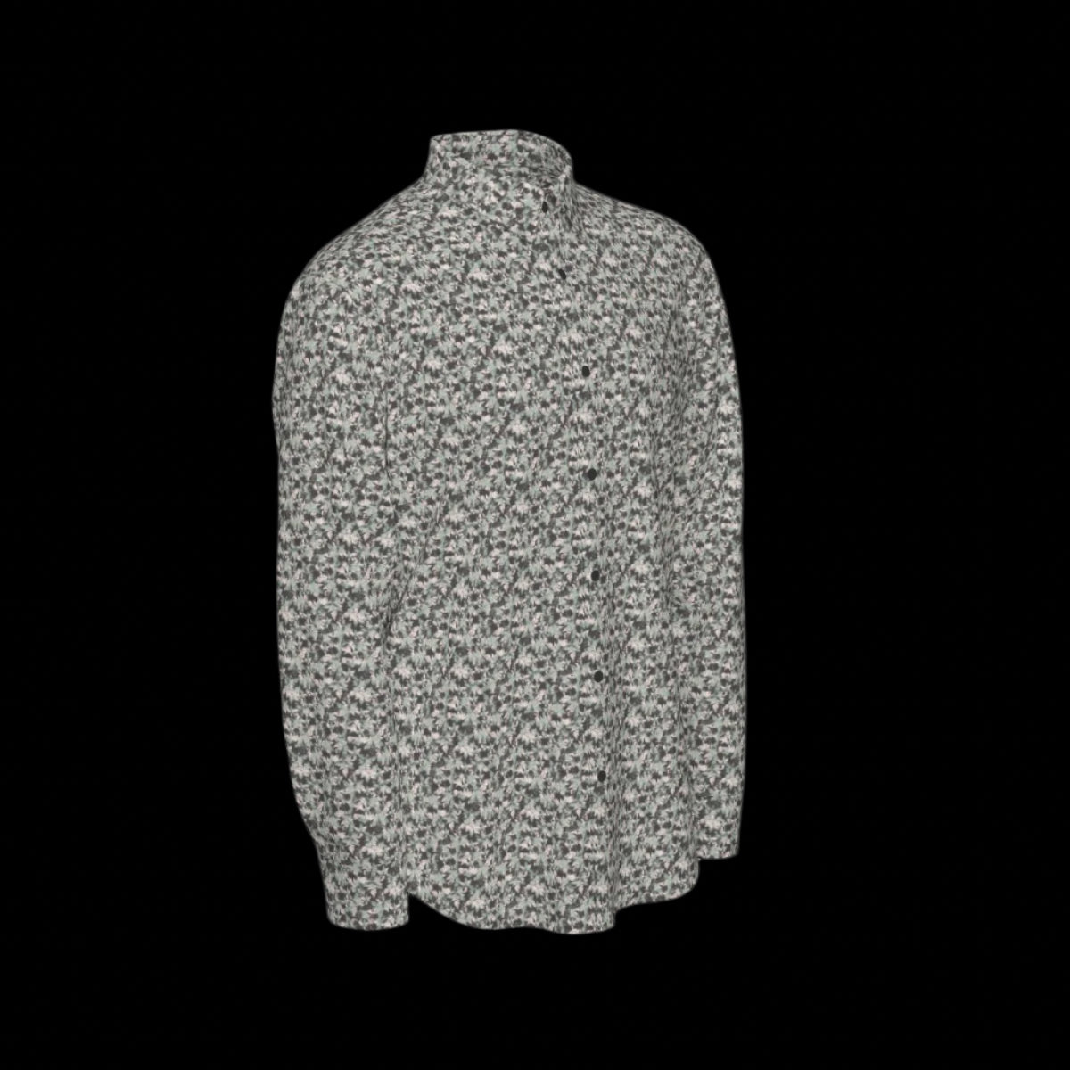 Front of floral patterned long sleeve shirt on a black background