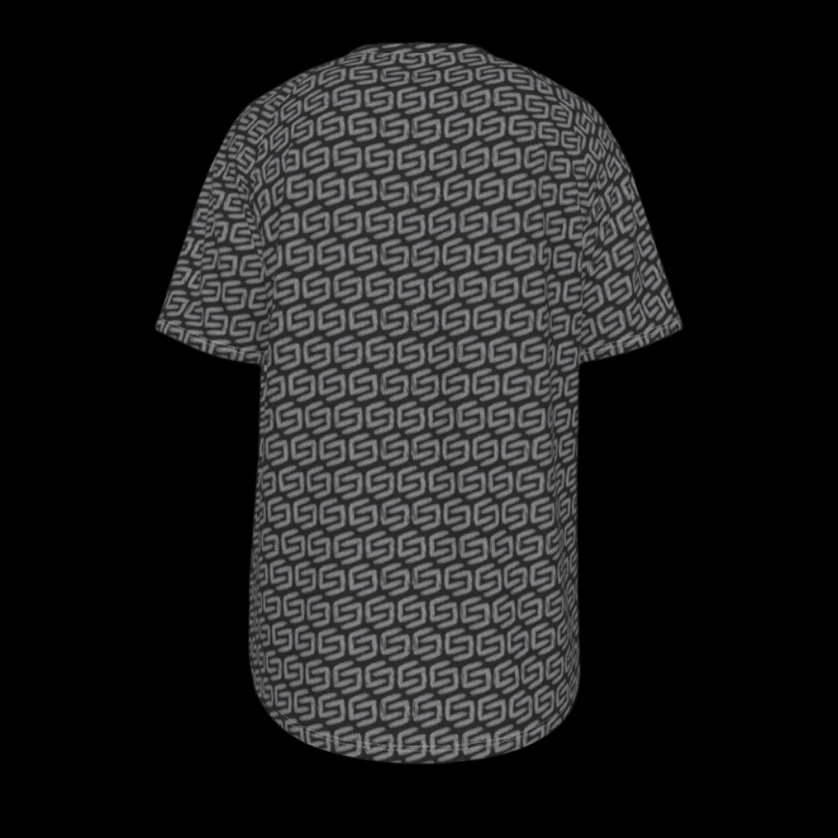 Back of gray t-shirt with a geometric pattern on a black background