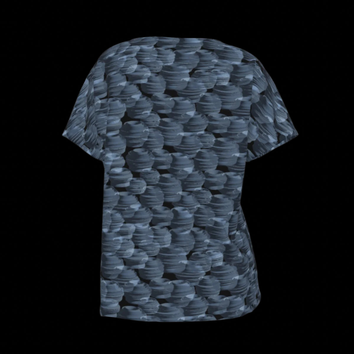 Back of blue patterned shirt on a black background