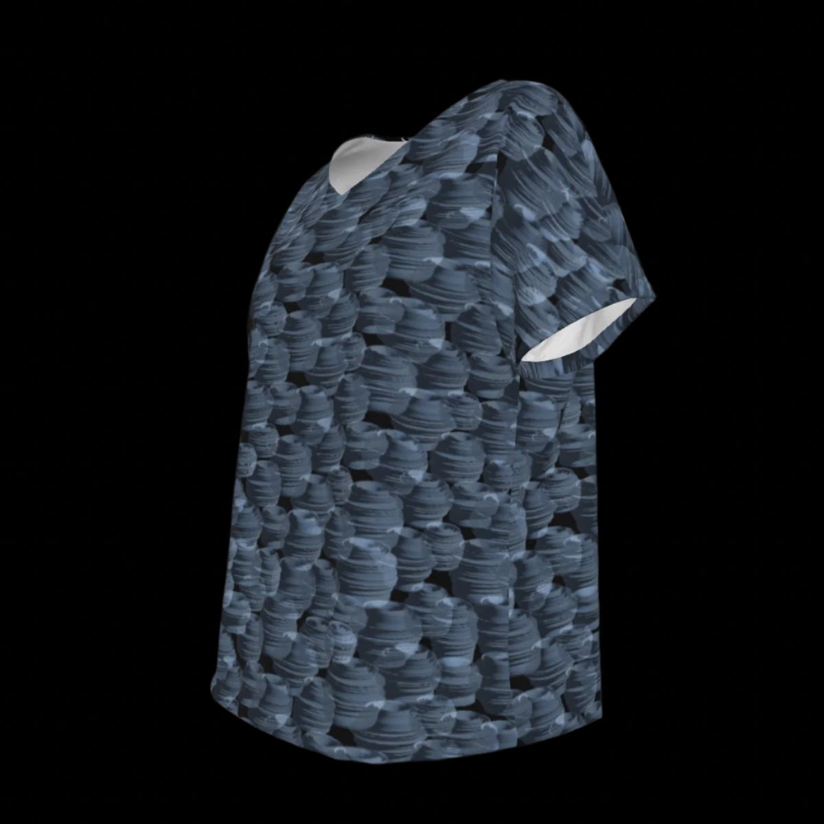 Left of blue patterned shirt on a black background