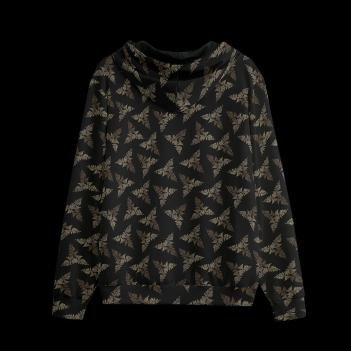 Back of a hoodie with a dark subtle leaf pattern and a black background