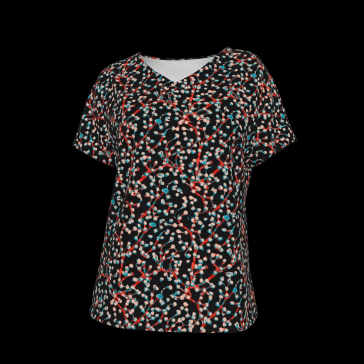 Front of multicolored patterned V-Neck T-shirt on a white background