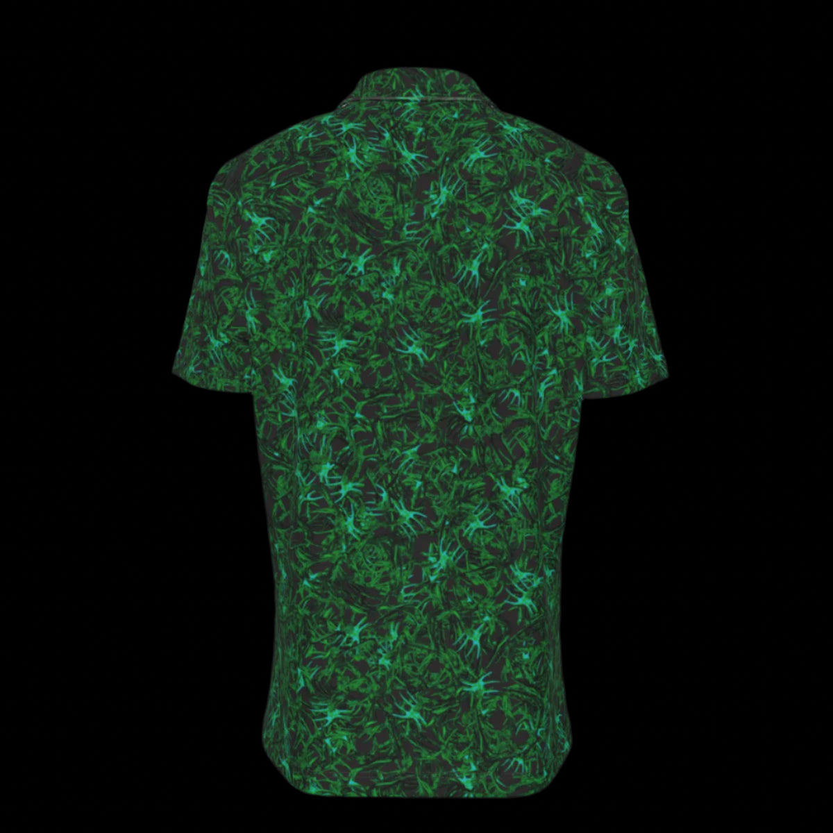 Back of green patterned button down short sleeve shirt on a black background