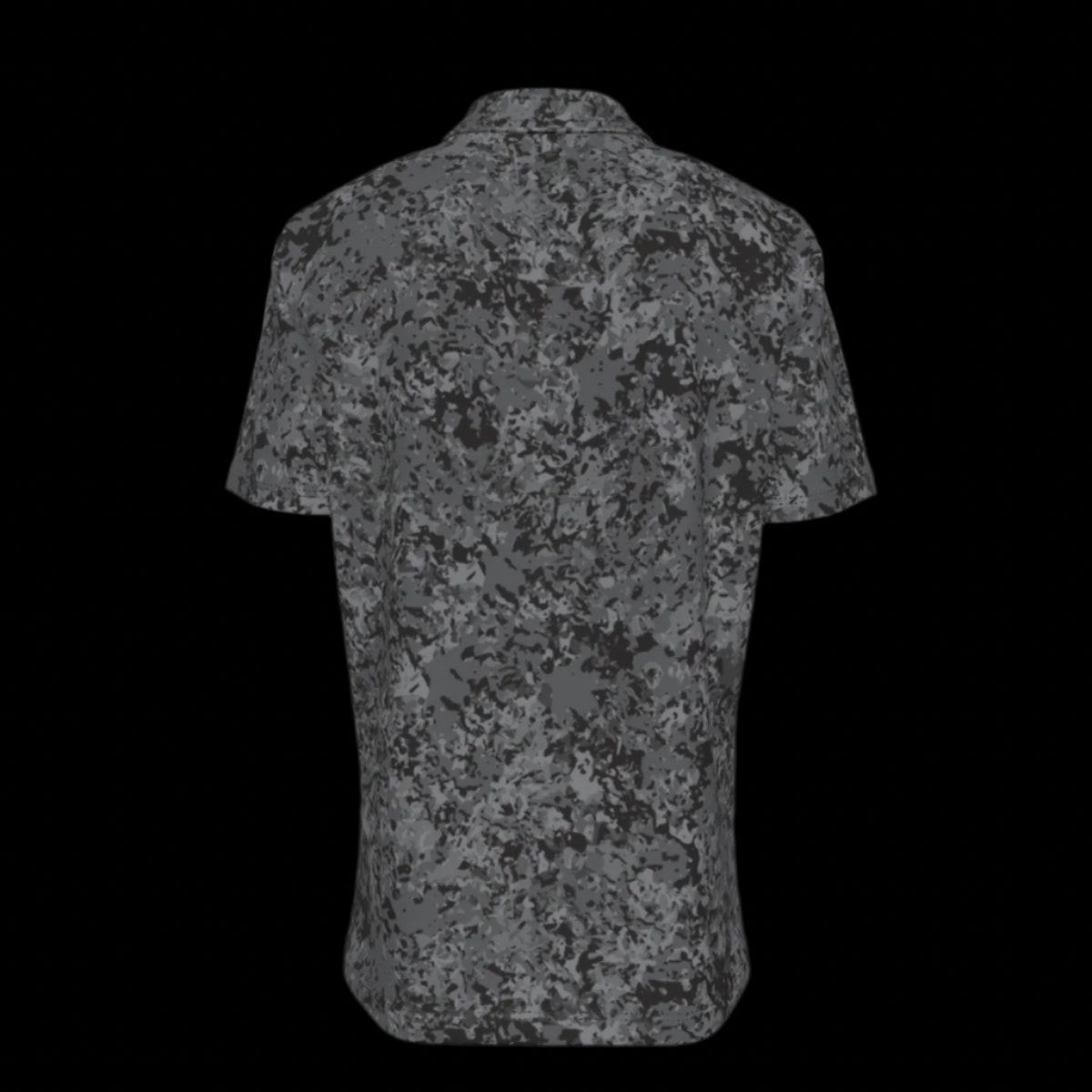 Back of black and gray camouflage patterned button-down shirt on a black background