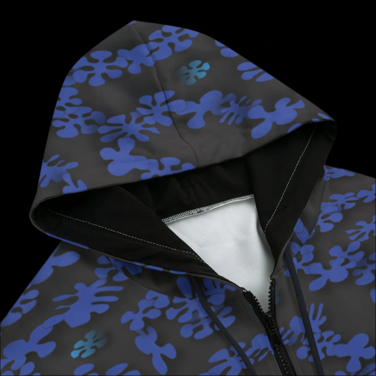 Front top of Hoodie with blue and black abstract pattern on a black background