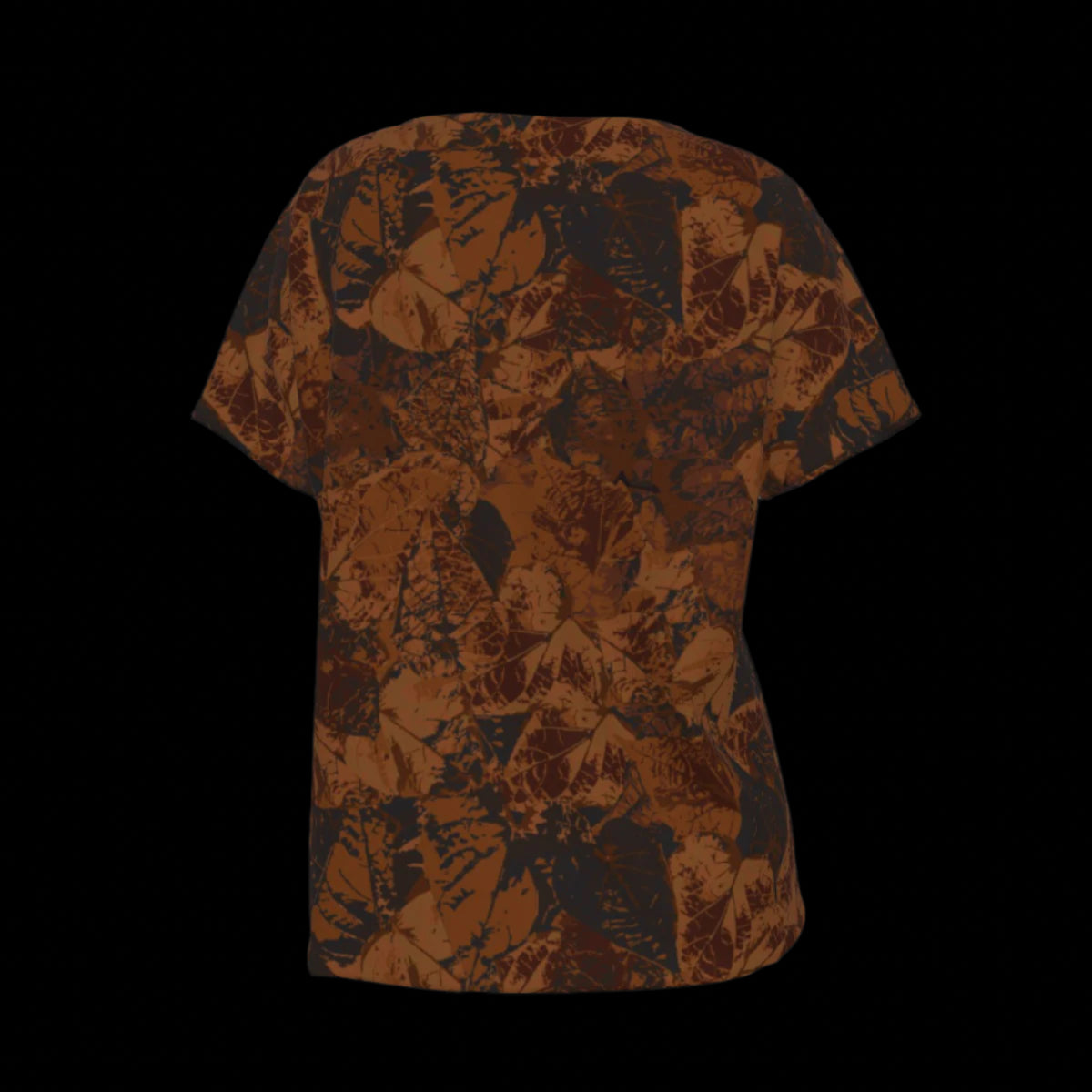 Back of brown patterned V-Neck T-shirt on a black background