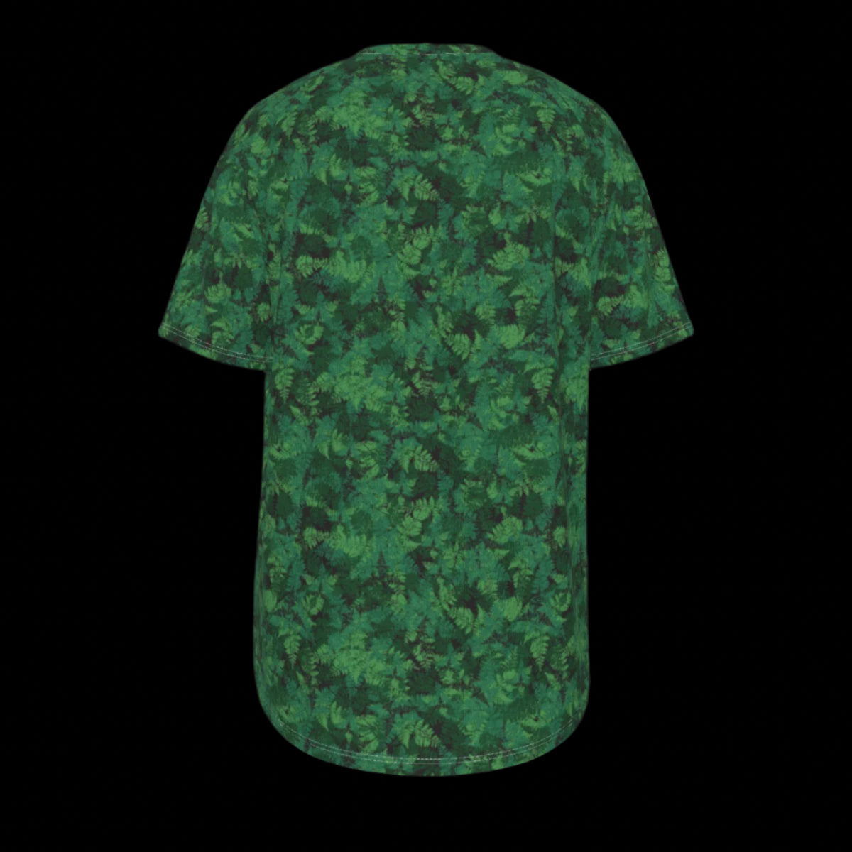 Back of green patterned t-shirt on a black background