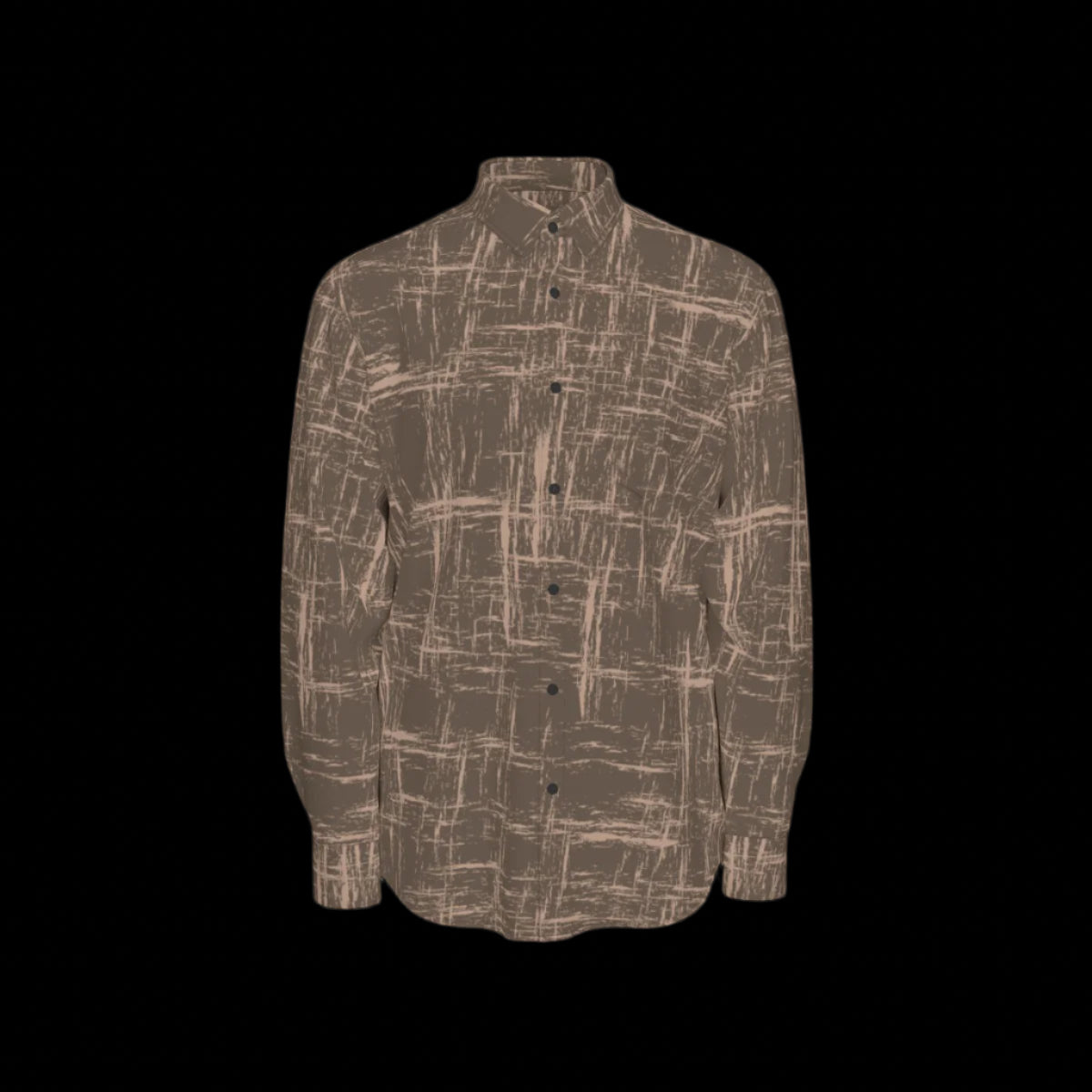 Front of brown patterned shirt shown from front and back on a black background