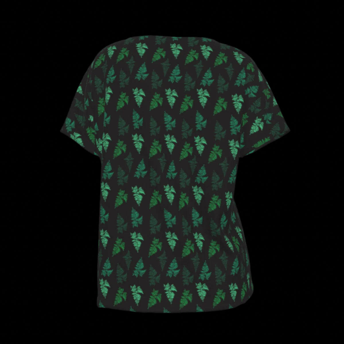 Back of green leaf patterned shirt on a black background