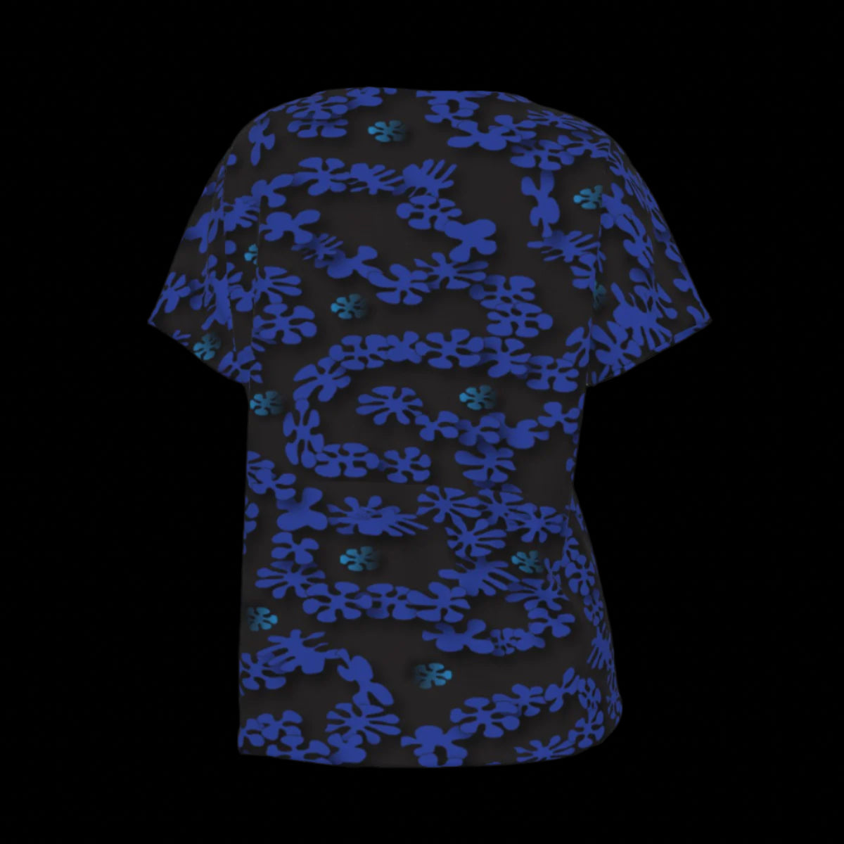 Back of black V-Neck T-Shirt with blue floral pattern on a black background