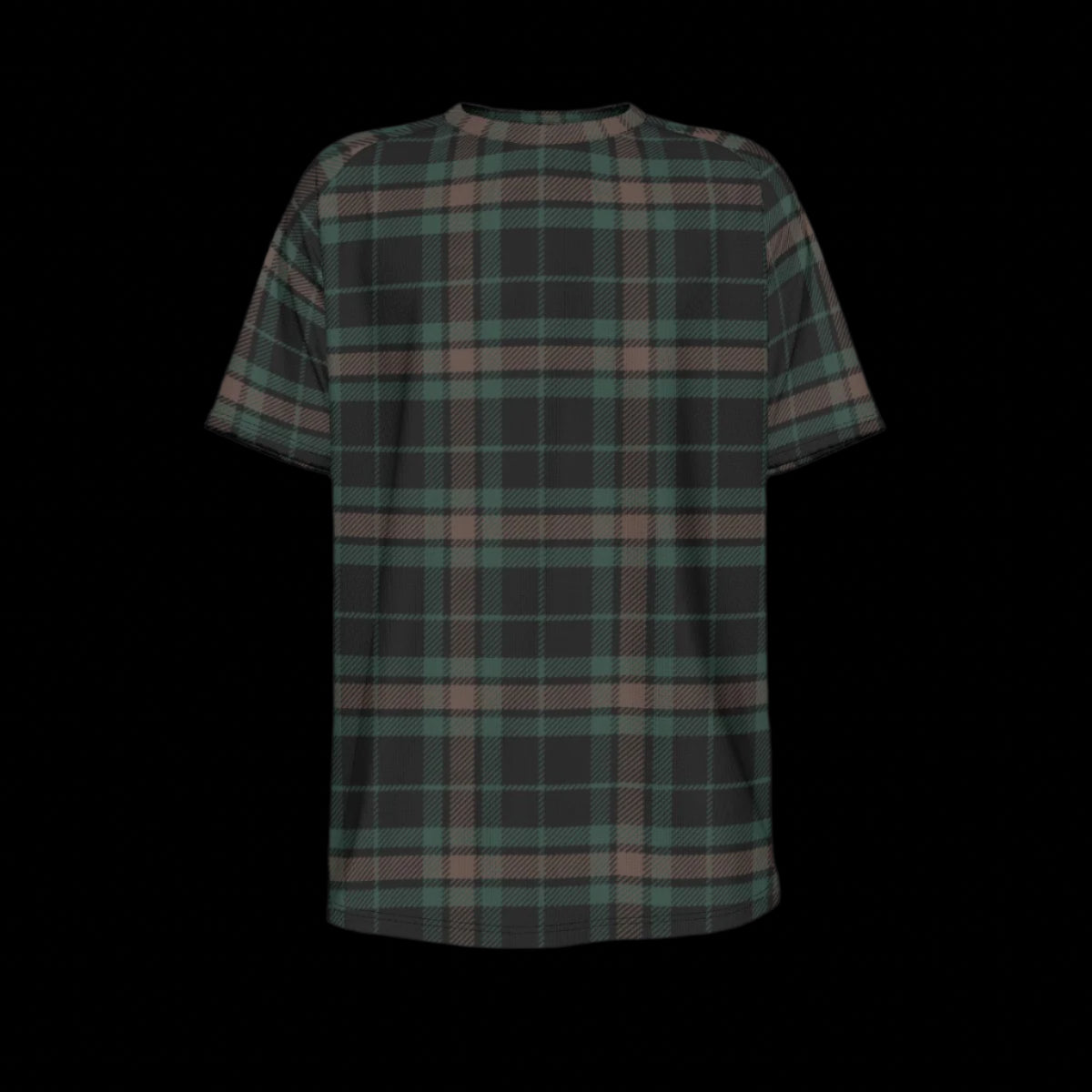 Front of plaid shirt with brown and beige pattern on a black background