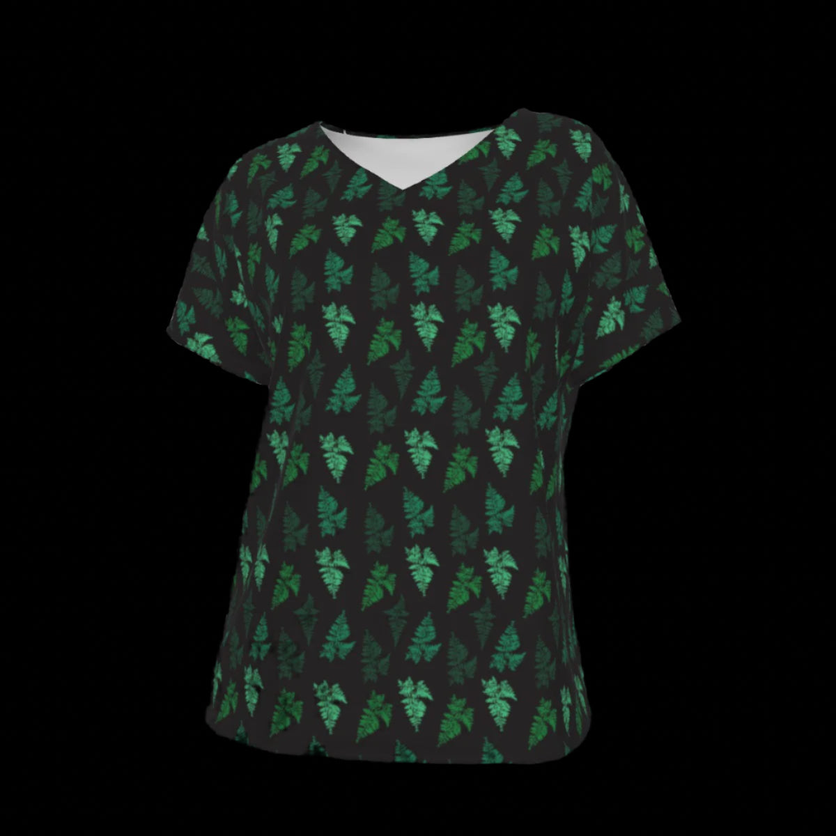 Front of green leaf patterned shirt on a black background