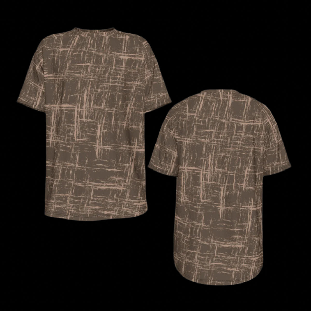 Front and back of brown patterned t-shirt on a black background