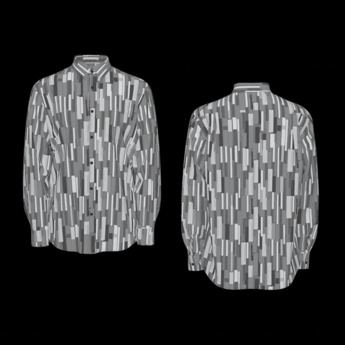 Front and Back of grey patterned long sleeve shirt on a black background
