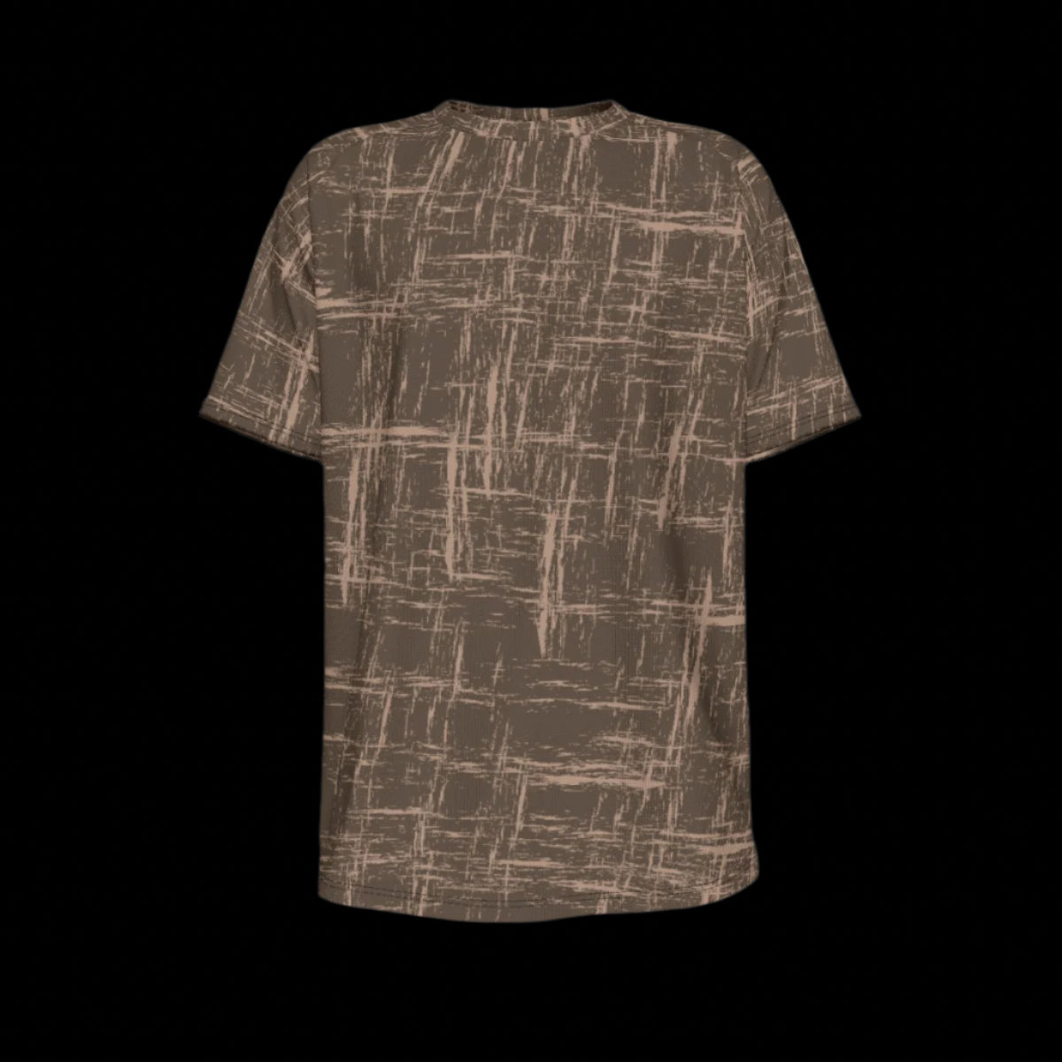 Front of brown patterned t-shirt on a black background