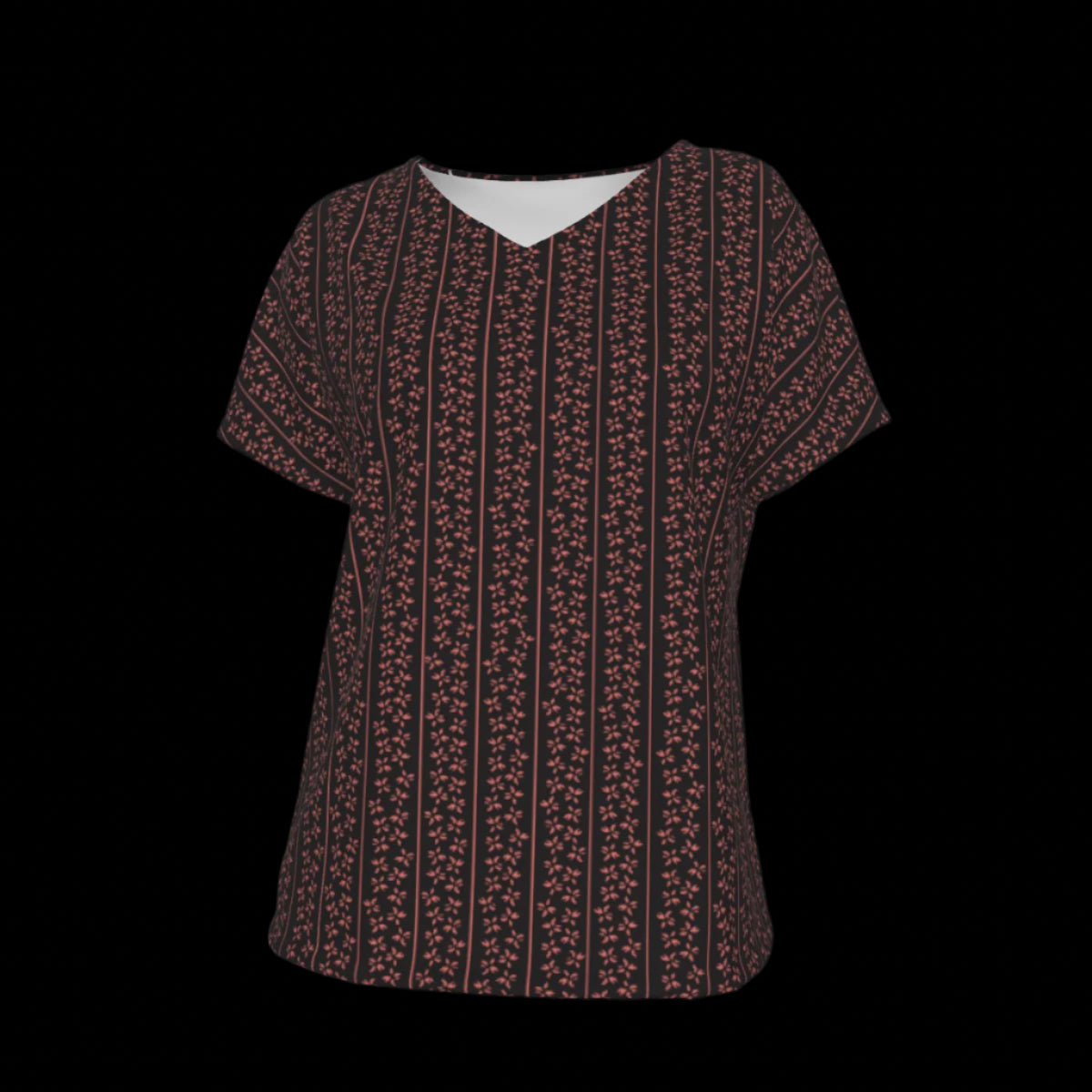 Front of black and red patterned blouse on a black background