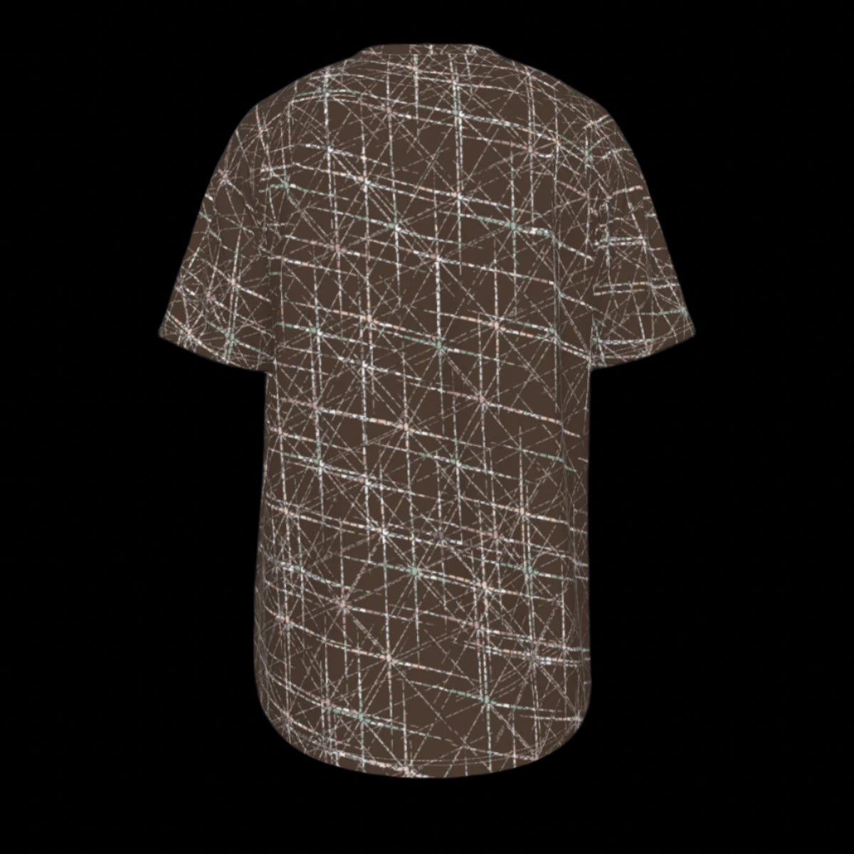 Back of brown t-shirt with white abstract pattern on a black background