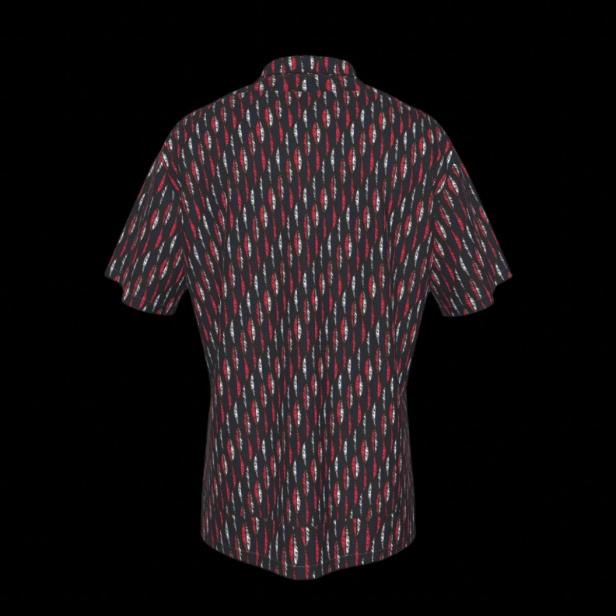 Back of a men's Hawaiian shirt with an all-over geometric print in red and black, featuring a button-up front and a collar on a black background