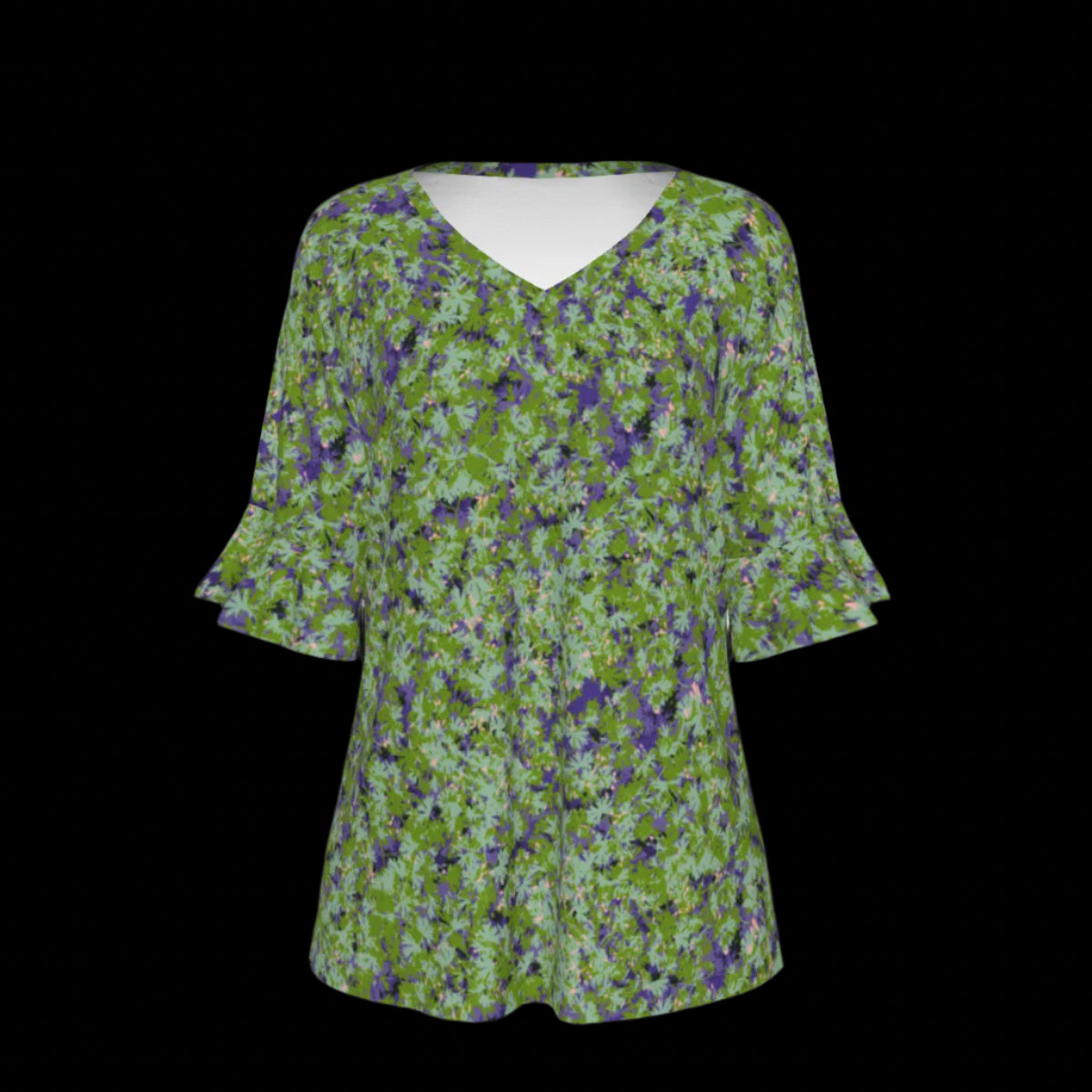 Front of green floral blouse with a black background